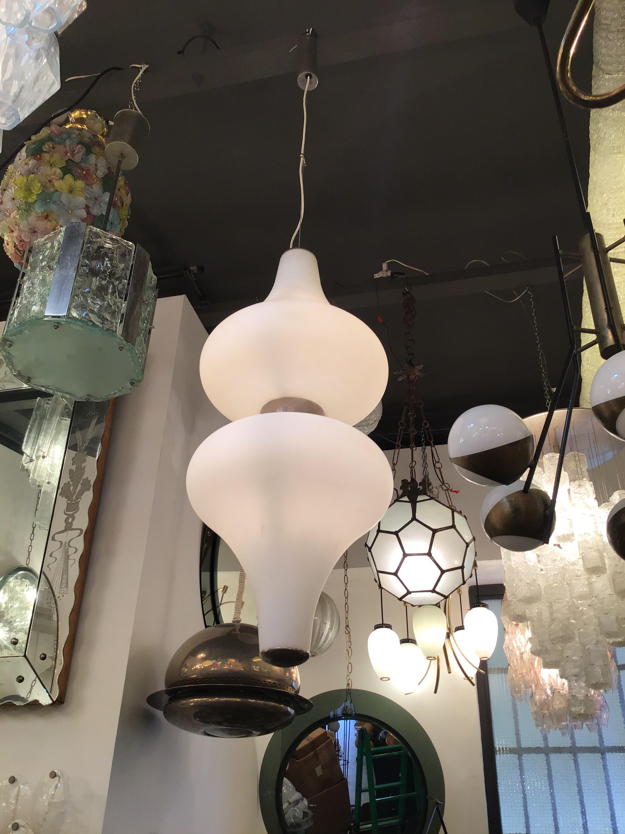 Stilnovo Chandelier Metal Crome Opaline Glass 1950 Italy In Good Condition For Sale In Milano, IT