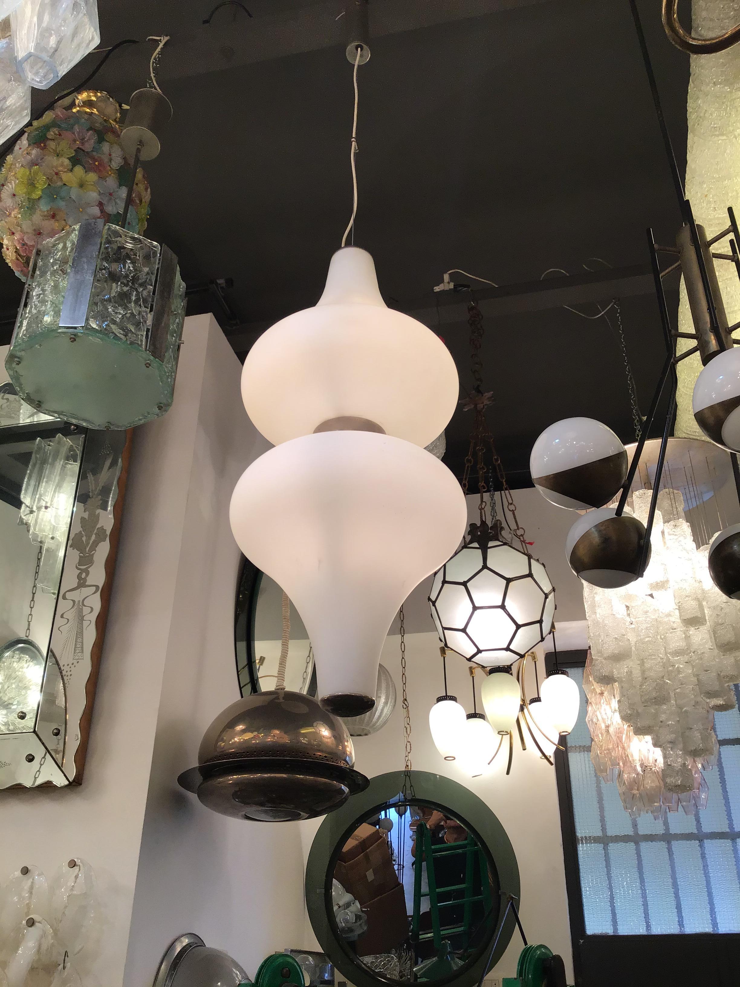 Mid-20th Century Stilnovo Chandelier Metal Crome Opaline Glass 1950 Italy For Sale