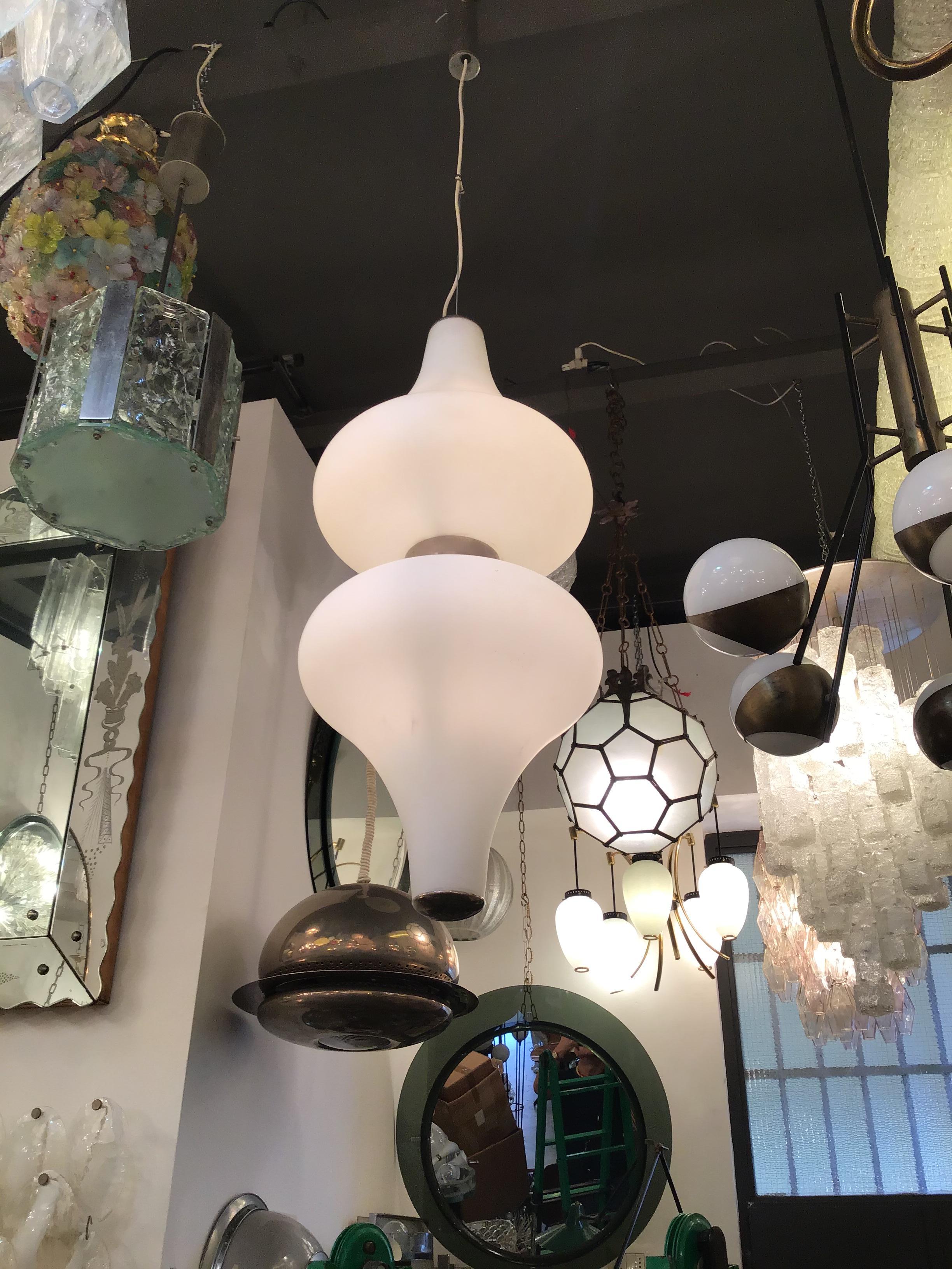 Stilnovo Chandelier Metal Crome Opaline Glass 1950 Italy For Sale 1