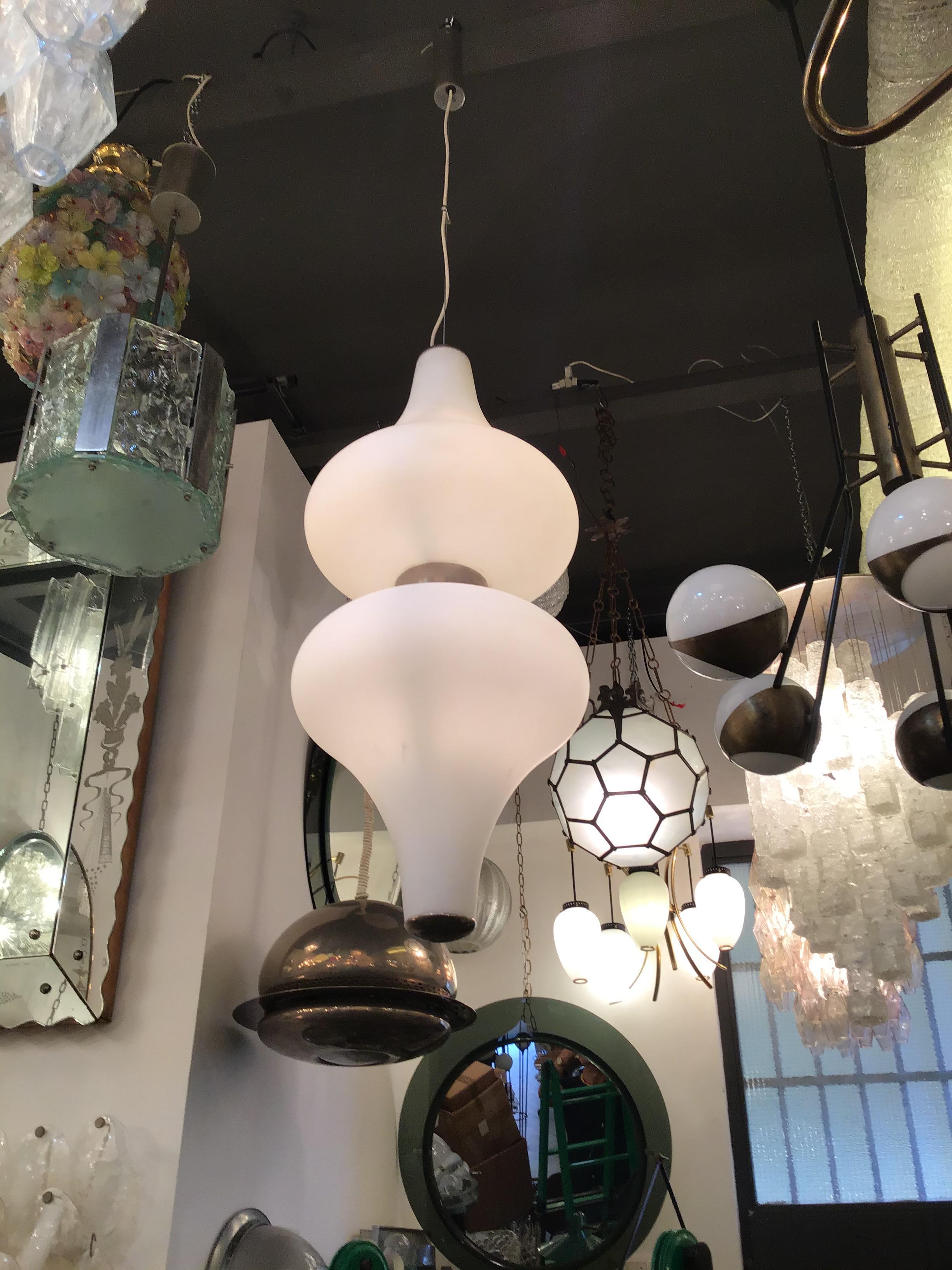 Stilnovo Chandelier Metal Crome Opaline Glass 1950 Italy For Sale 2