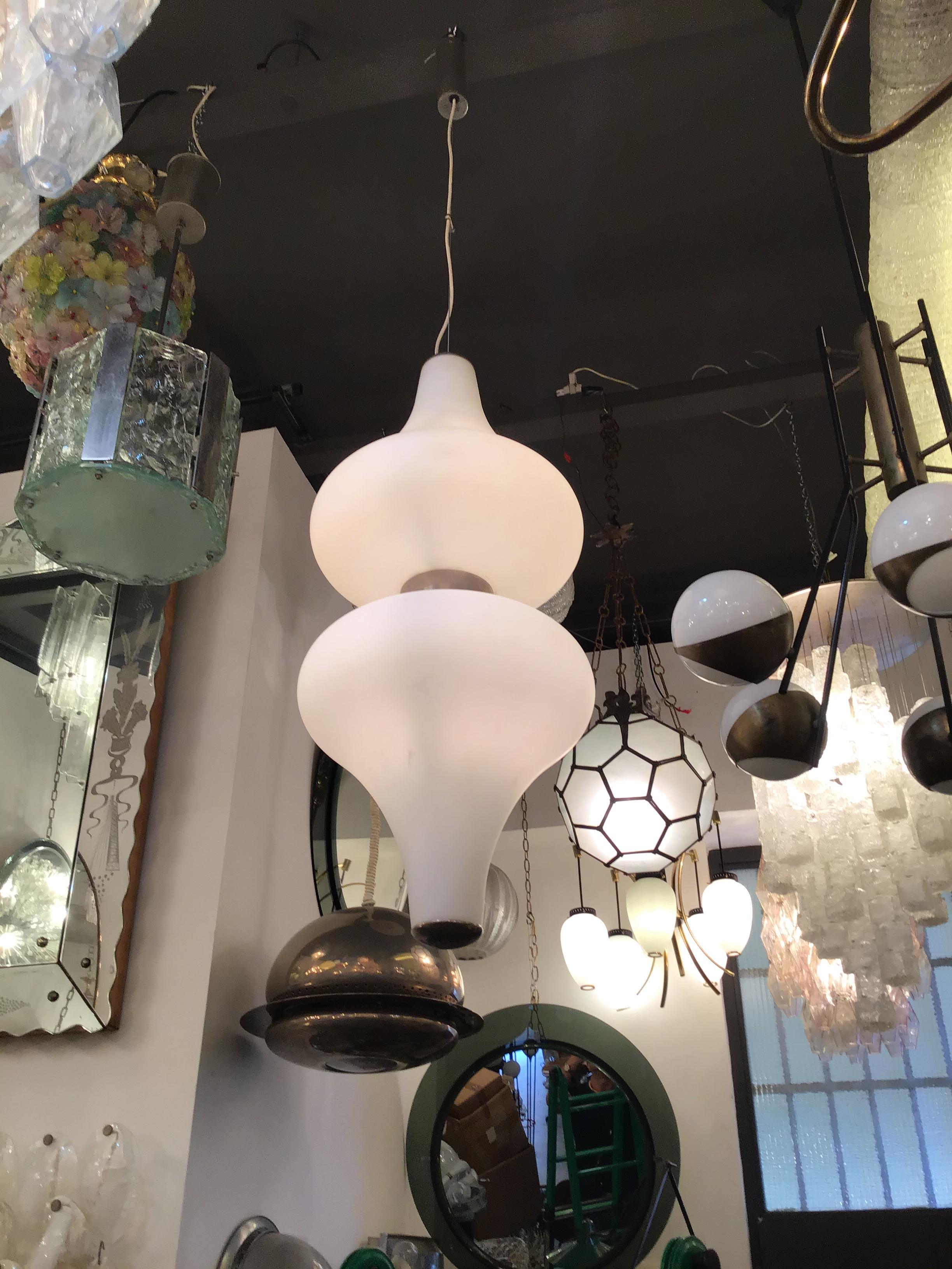Stilnovo Chandelier Metal Crome Opaline Glass 1950 Italy For Sale 3
