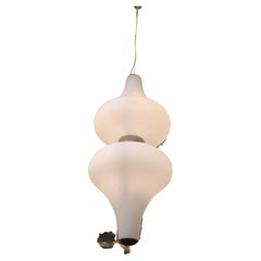 Stilnovo Chandelier Metal Crome Opaline Glass 1950 Italy