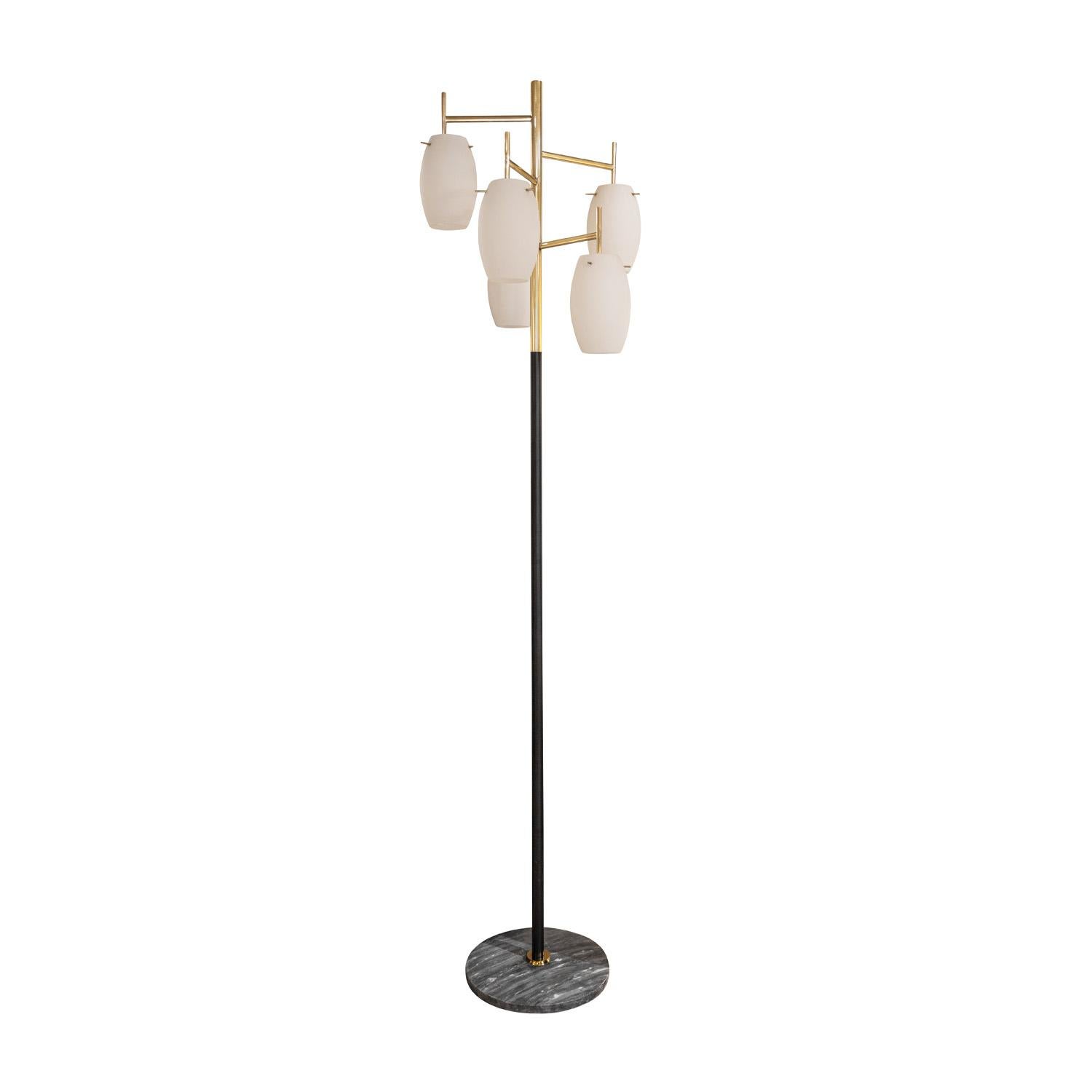 Stunning floor lamp, lantern style with 5 staggered white Murano glass shades, in brass and steel with gray marble base, by Stilnovo, Italy 1950's. This lamp is beautifully made and incredibly chic.