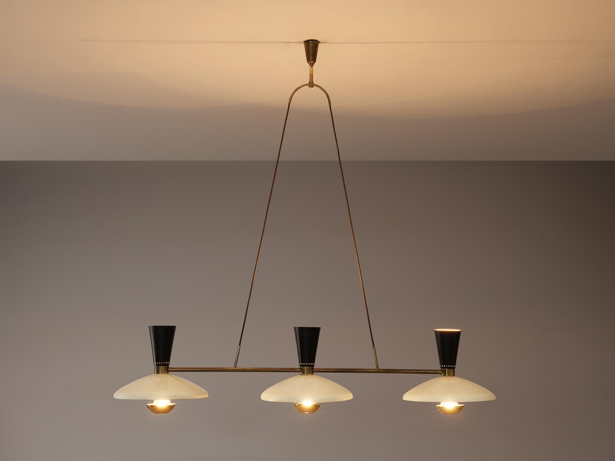 Italian Stilnovo Large Chandelier with Three Shades in Aluminum and Brass