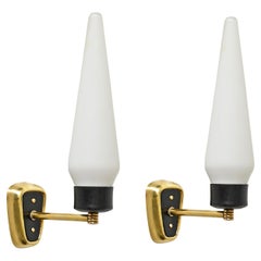 Stilnovo Large Pair of Sconces in Opal Glass, Black Metal and Brass, Italy, 1950