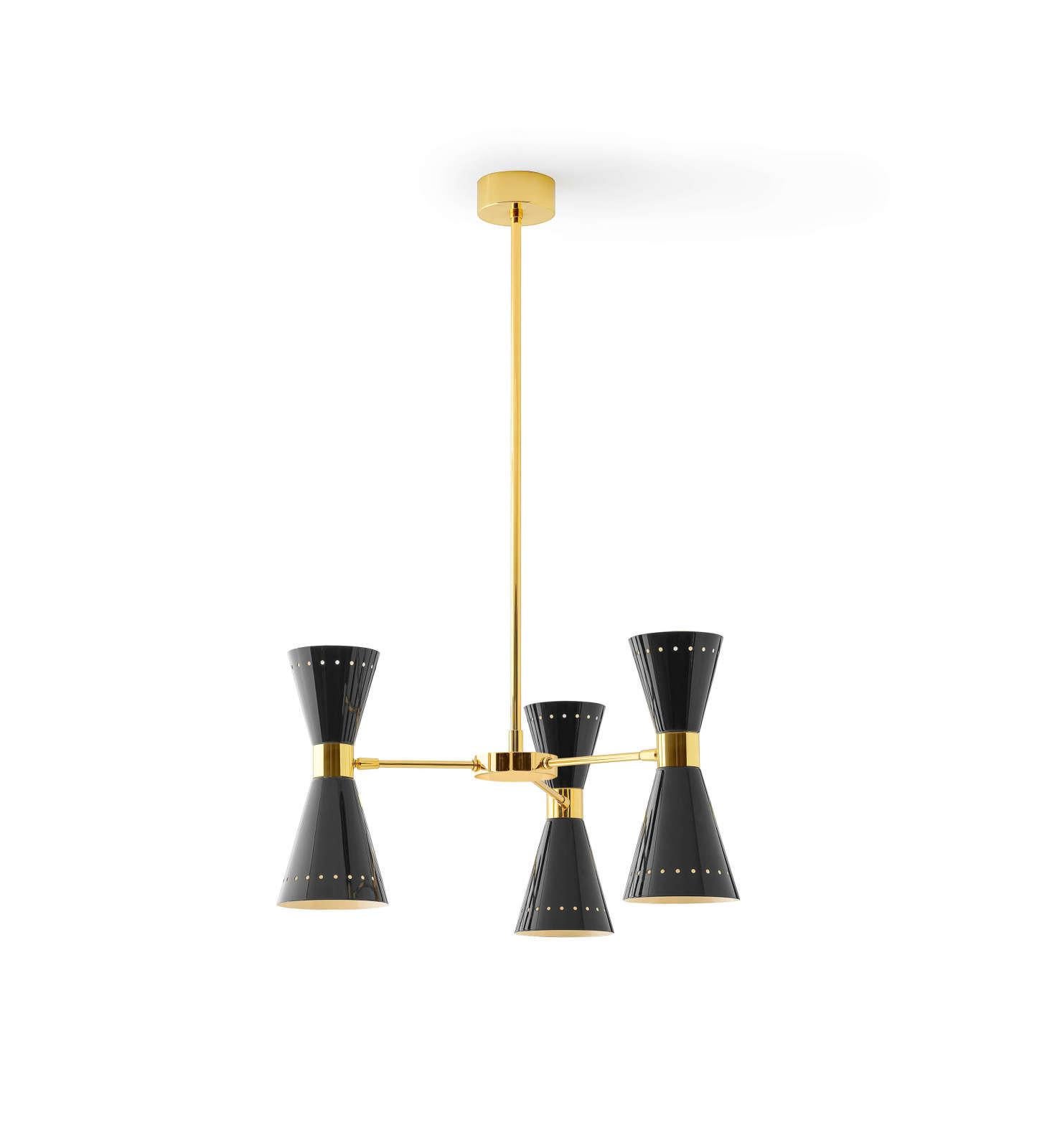 Polished Stilnovo 'Megafono' 3-Arm Chandelier in Black and Brass For Sale