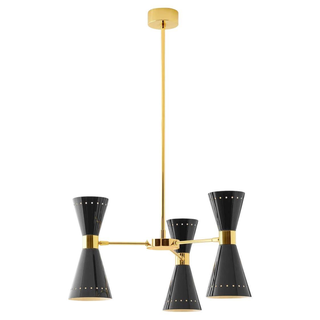 Stilnovo 'Megafono' 3-Arm Chandelier in Black and Brass