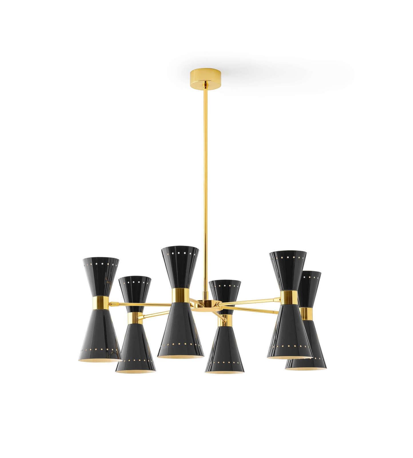 Italian Stilnovo 'Megafono' 6-Arm Chandelier in Black and Brass For Sale