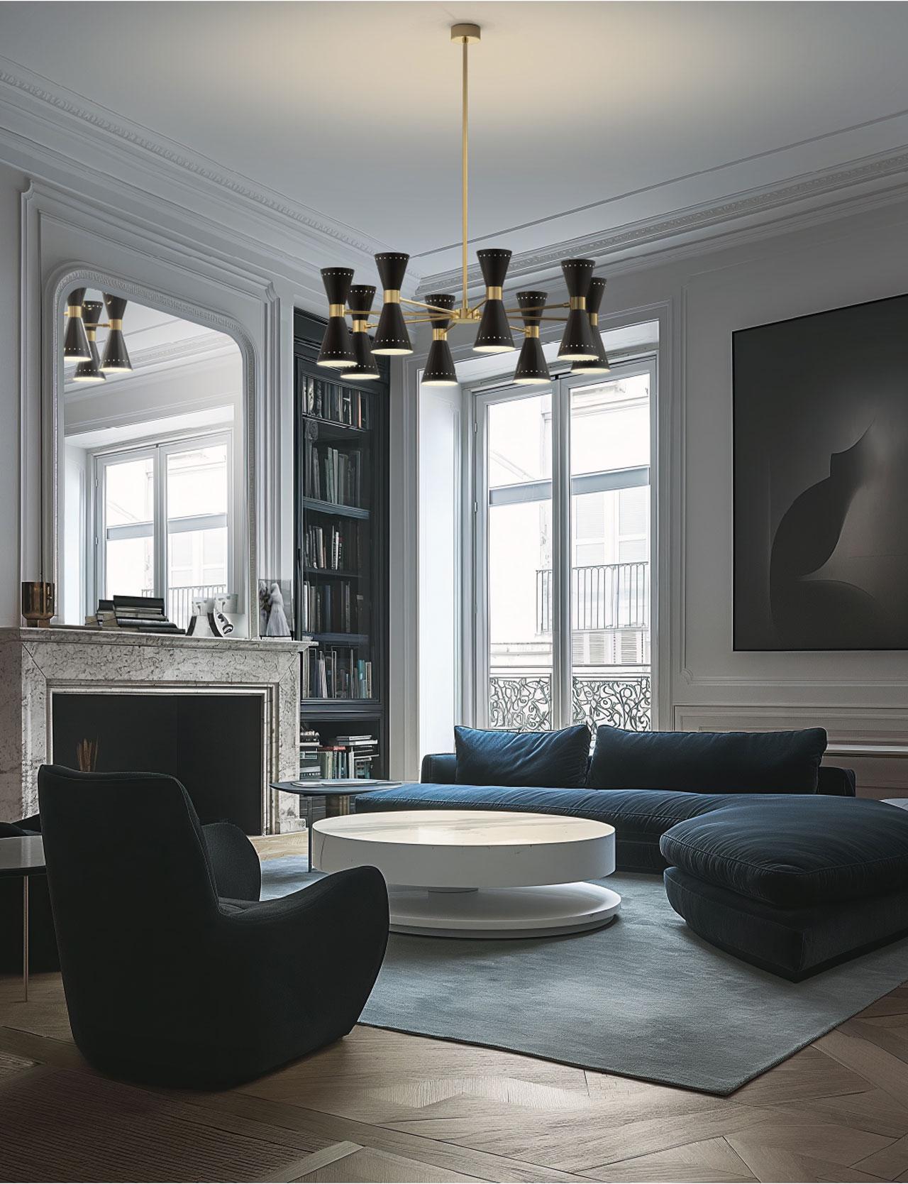 Contemporary Stilnovo 'Megafono' 6-Arm Chandelier in Black and Brass For Sale