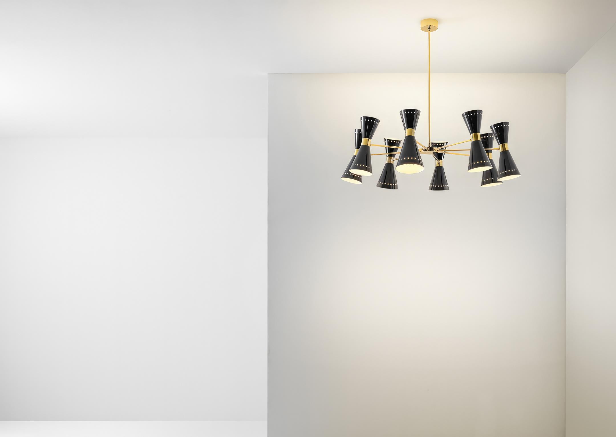 Italian Stilnovo 'Megafono' 8-Arm Chandelier in Black and Brass For Sale