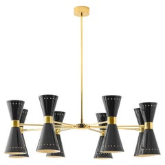 Lampadario a 8 bracci 'Megafono' di Stilnovo in nero e ottone