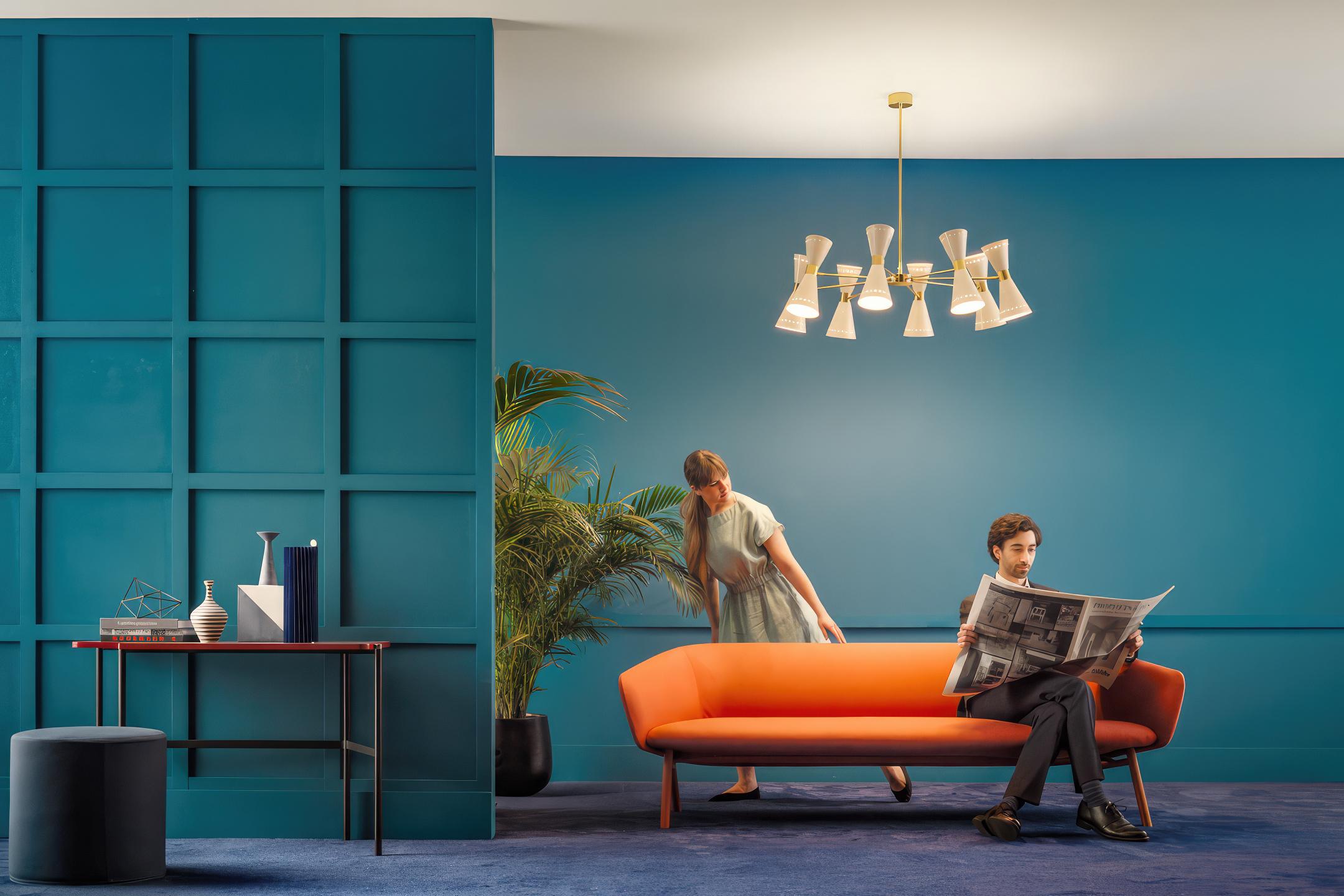 Stilnovo 'Megafono' 8-Arm Chandelier in Ivory and Brass.

Founded in 1946 in Milan, Stilnovo was one of the most innovative lighting companies in Italy during the Midcentury era, producing iconic pieces by such luminaries as Joe Colombo, Angelo