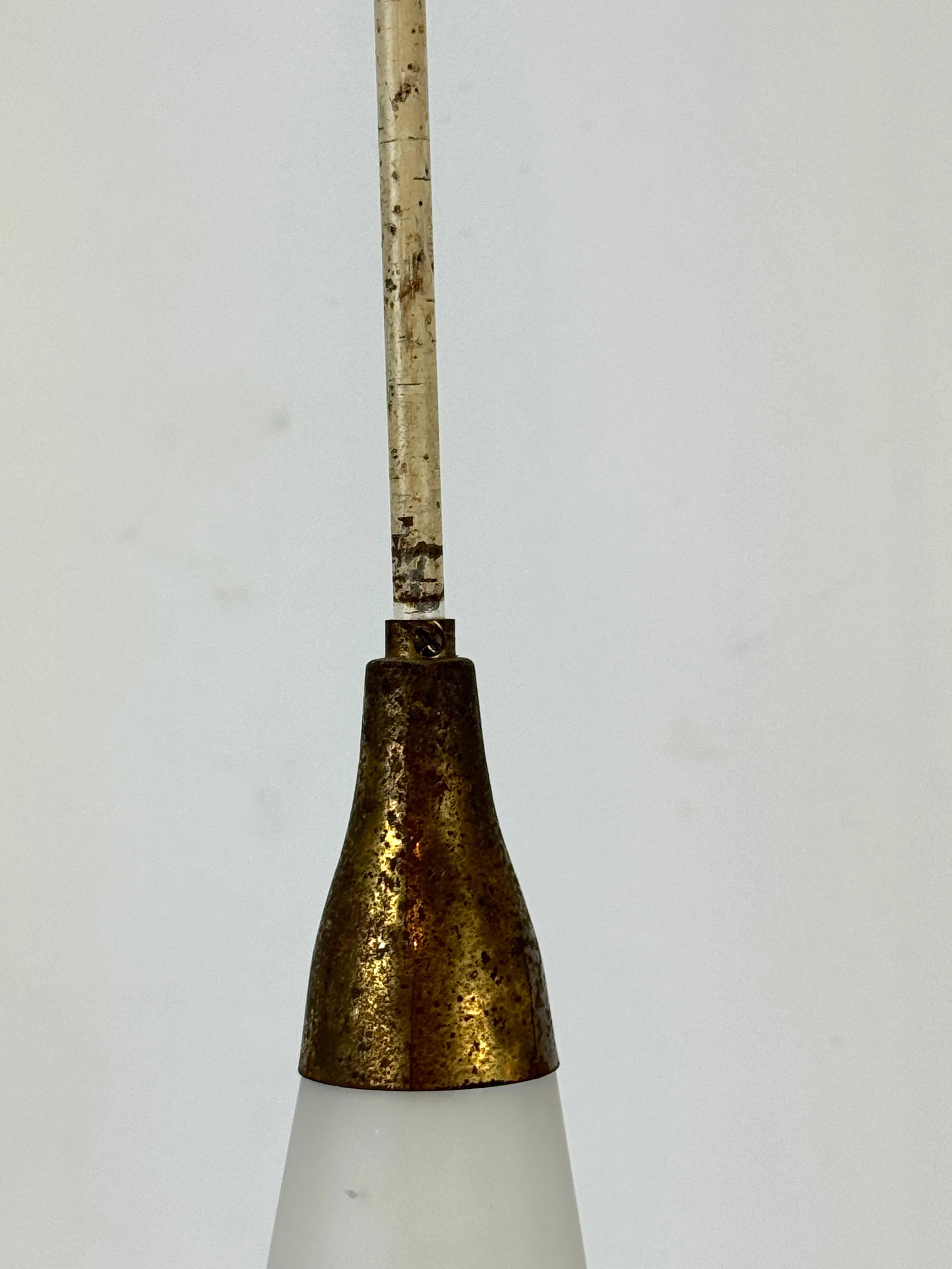 Stilnovo, MId-century brass, opaline glass and lacquer chandelier. Italy 1950s 3