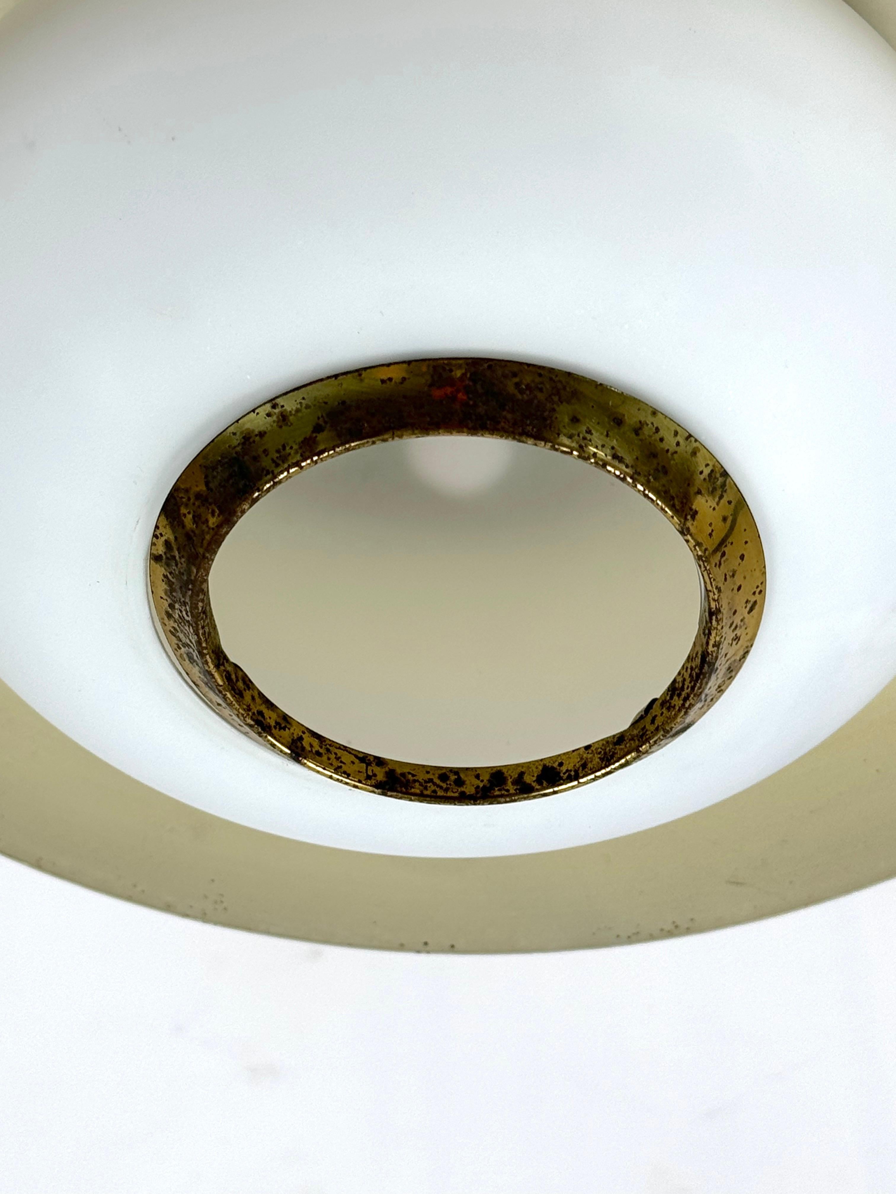 Stilnovo, MId-century brass, opaline glass and lacquer chandelier. Italy 1950s 4