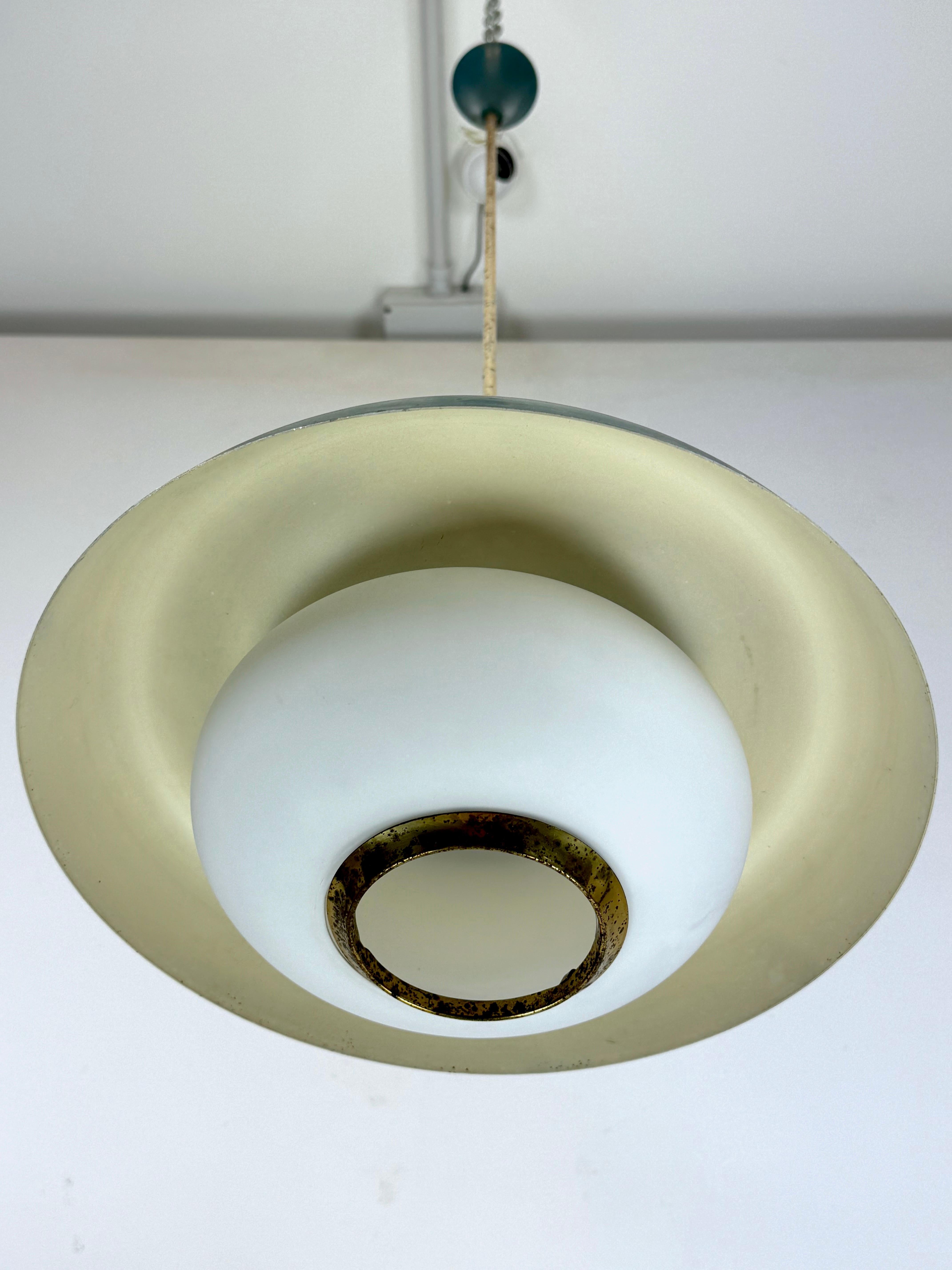 Stilnovo, MId-century brass, opaline glass and lacquer chandelier. Italy 1950s 5