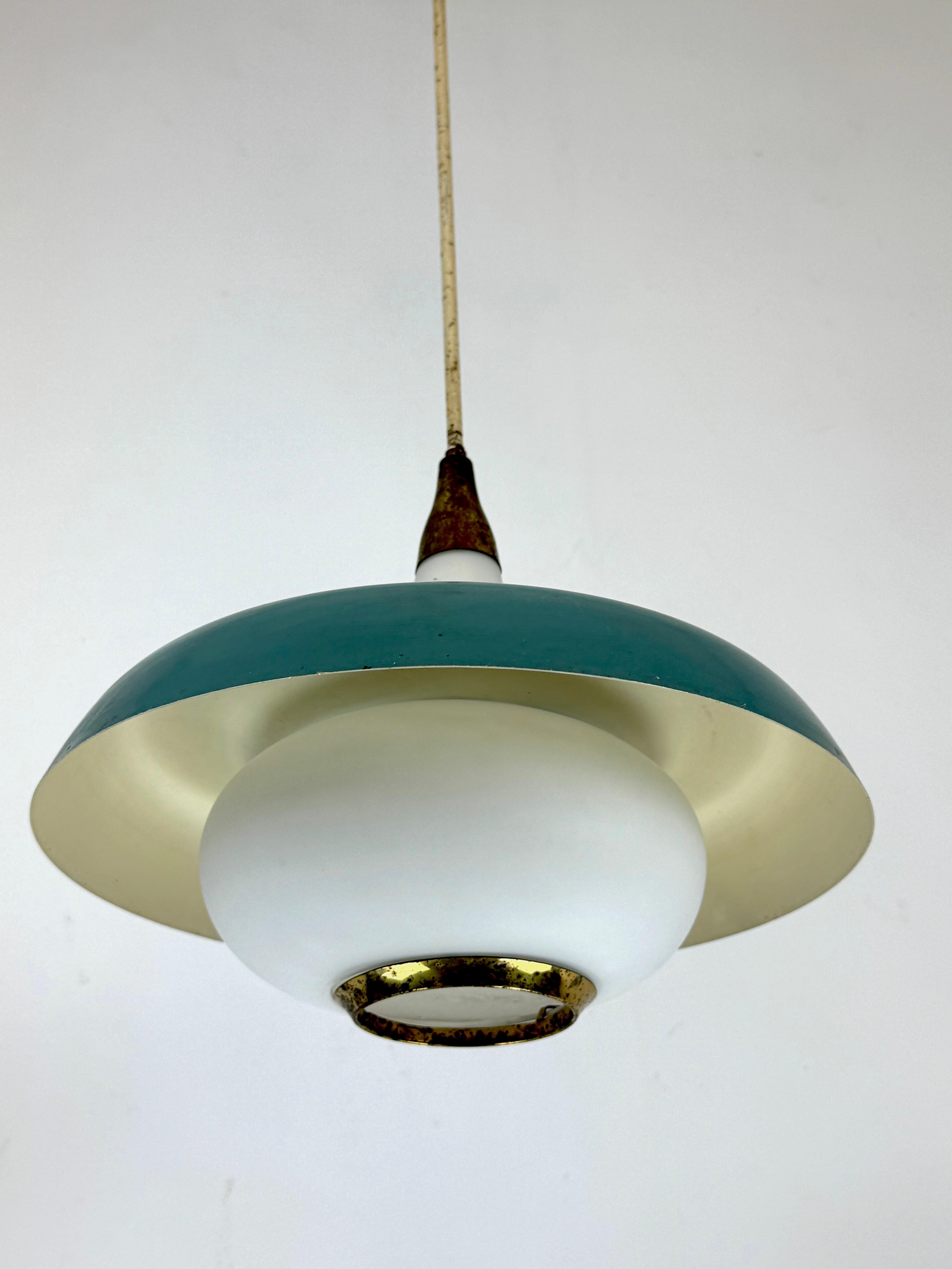Stilnovo, MId-century brass, opaline glass and lacquer chandelier. Italy 1950s 6