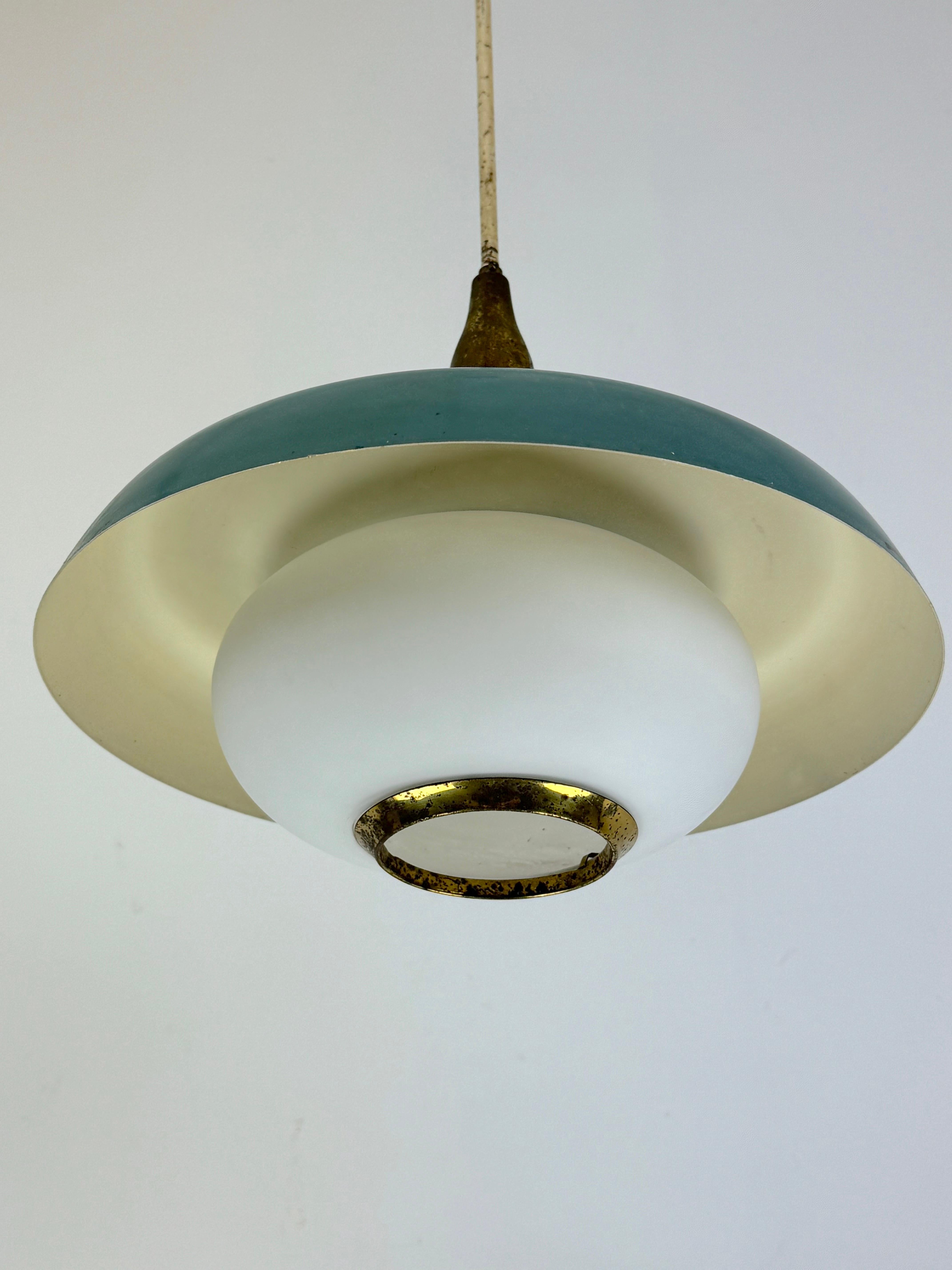 Mid-Century Modern Stilnovo, MId-century brass, opaline glass and lacquer chandelier. Italy 1950s