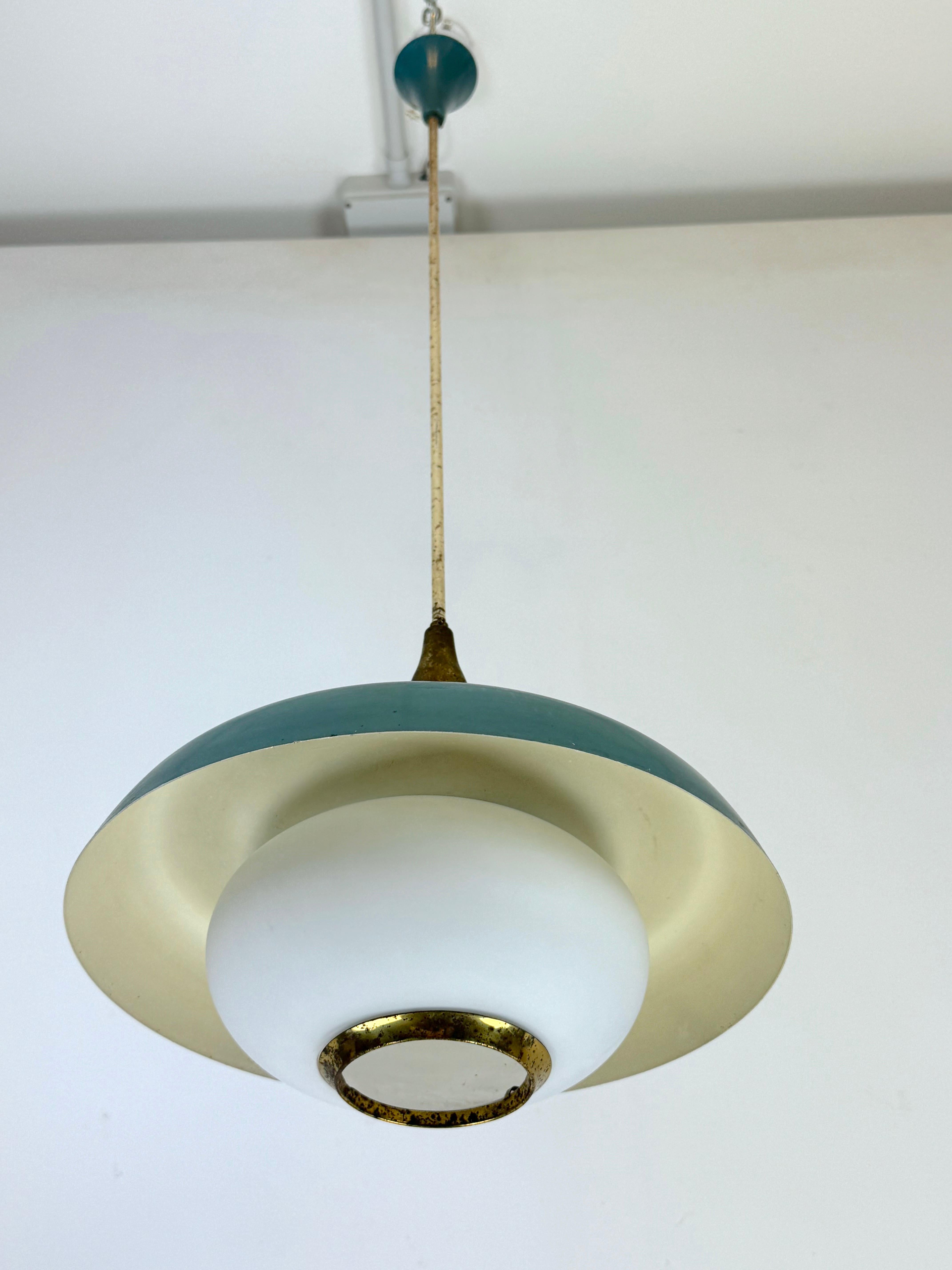 Italian Stilnovo, MId-century brass, opaline glass and lacquer chandelier. Italy 1950s