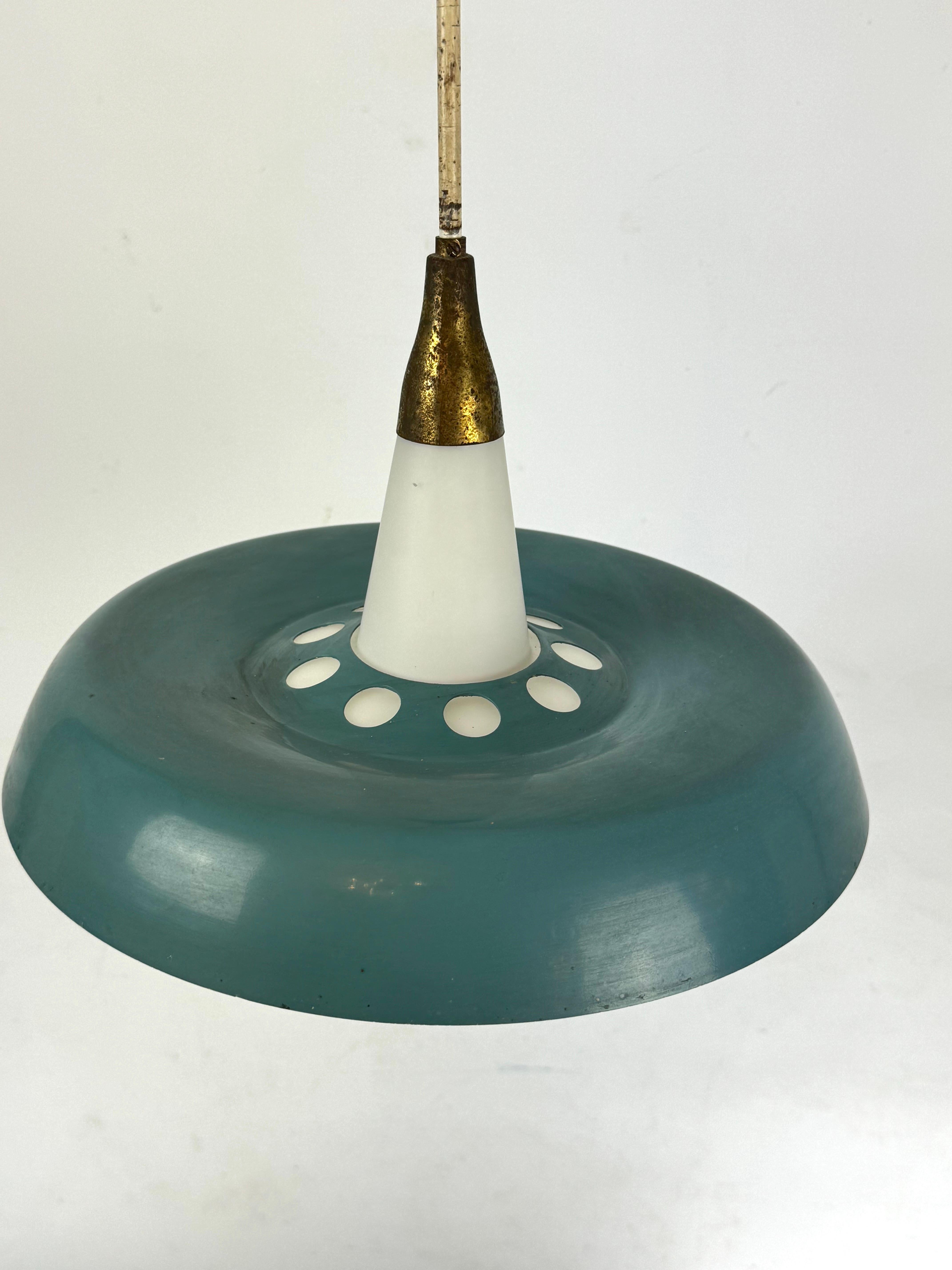 Stilnovo, MId-century brass, opaline glass and lacquer chandelier. Italy 1950s 1