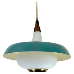 Stilnovo, MId-century brass, opaline glass and lacquer chandelier. Italy 1950s