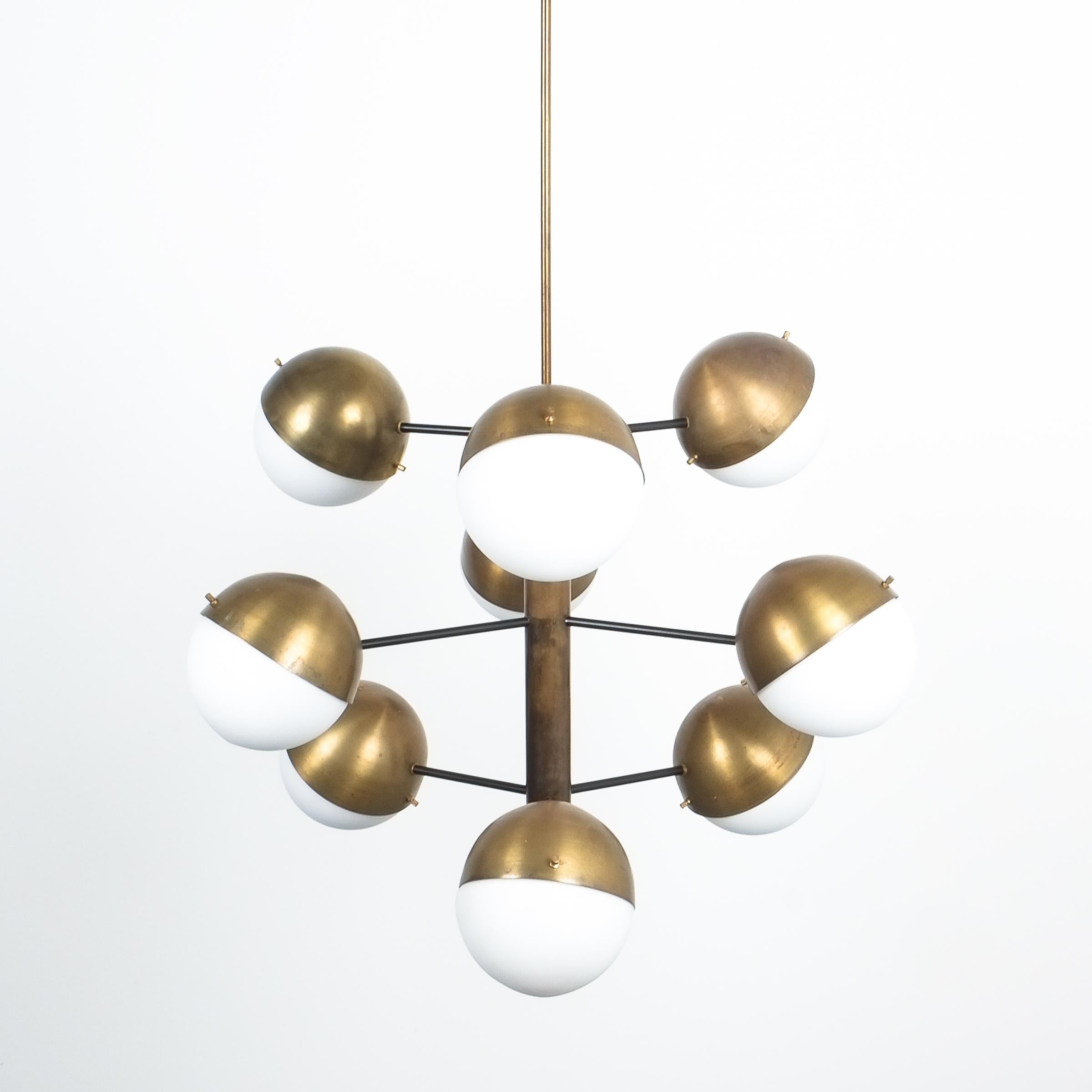 Stilnovo Midcentury Brass Opaline Glass Chandelier, Italy 2