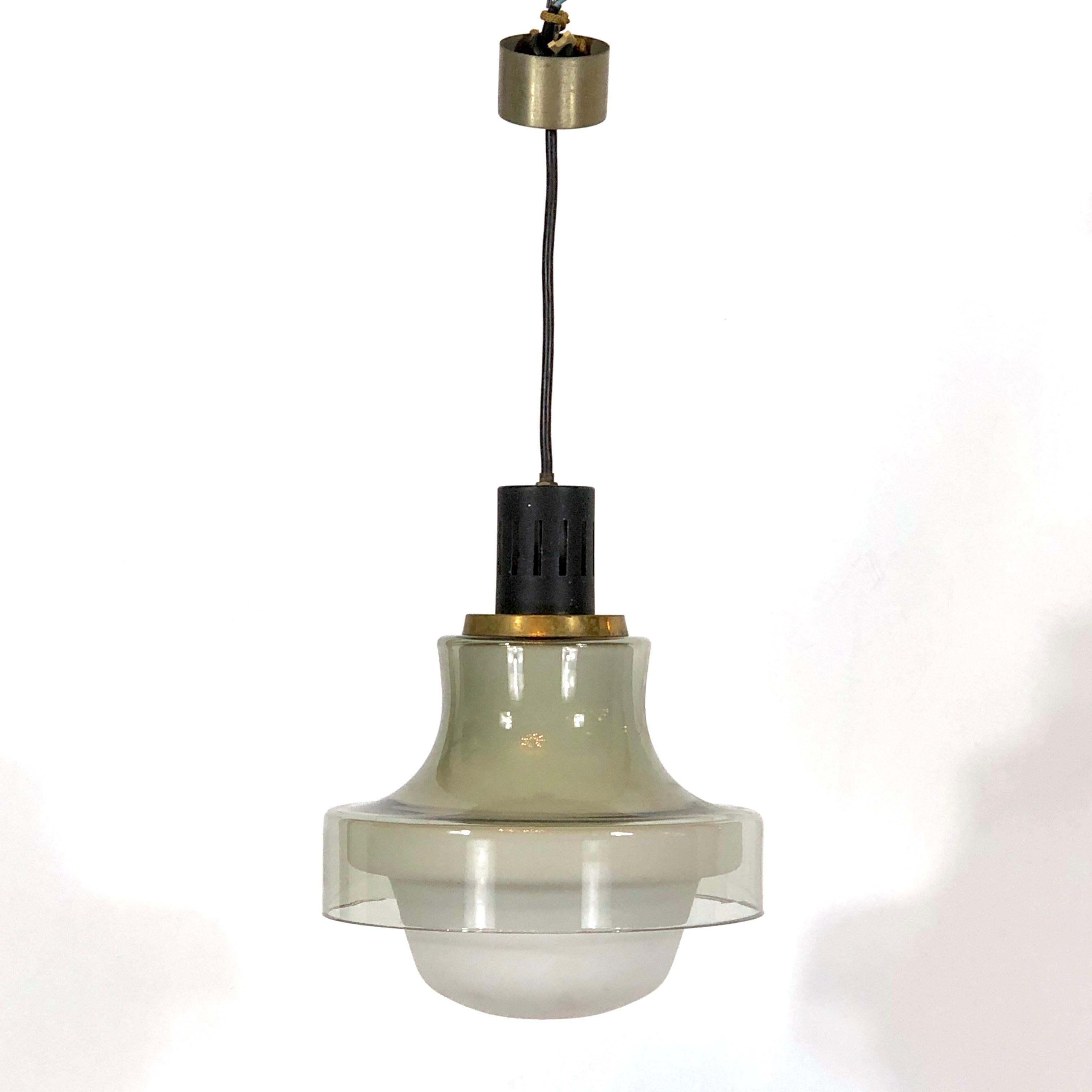 Great vintage condition with normal trace of age and use for this pendant lamp manufactured by Stilnovo during the 50s. Made from brass, lacquer, opaline glass, glass. No cracks or chips. Full working with EU standard, adaptable on demand for USA