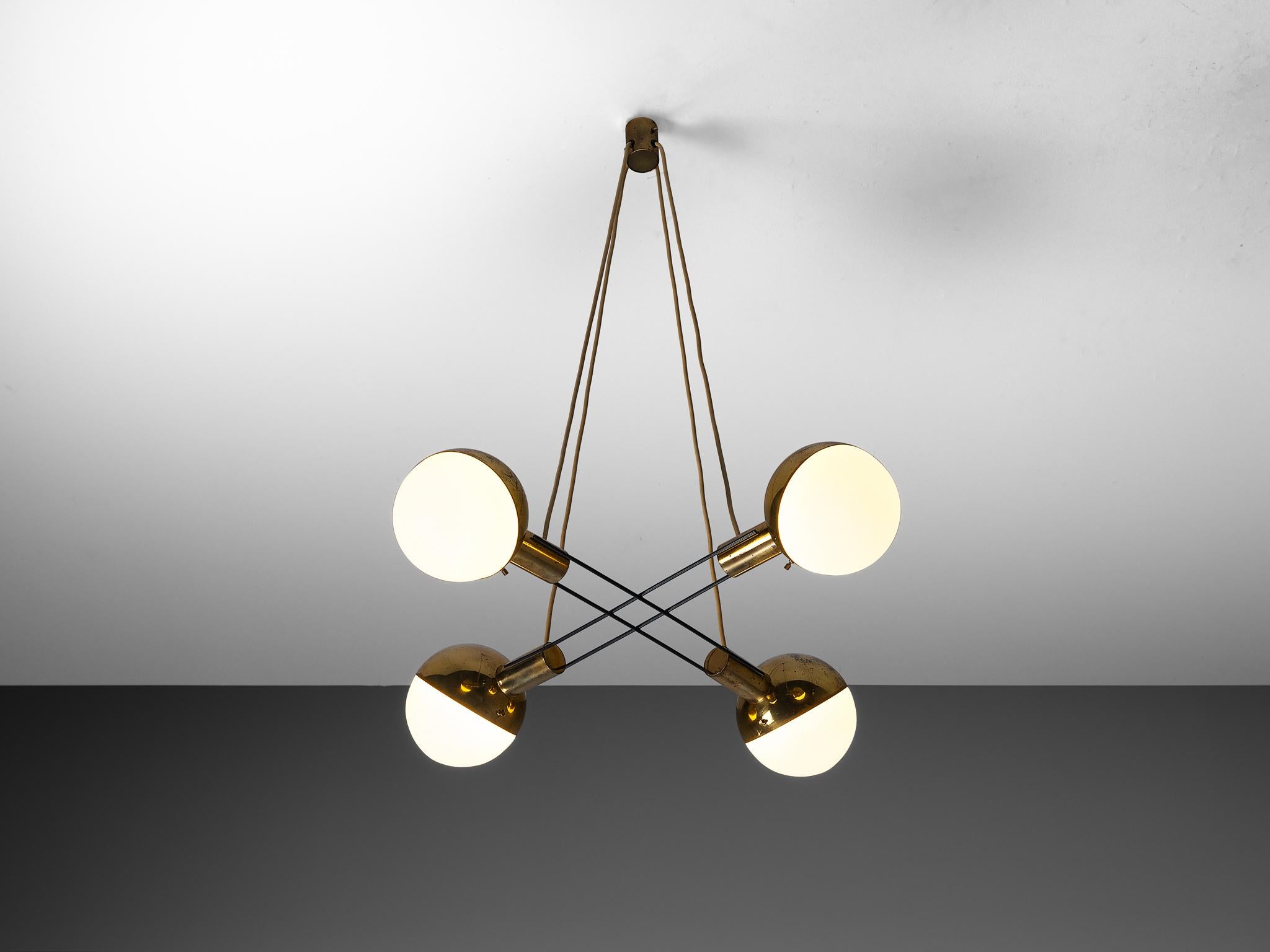 Chandelier by Stilnovo, ceiling light, brass, glass, metal, Italy, 1950s

This stunning Italian design lamp from the 1960s is a piece of design-candy, designed to shine from the ceiling. The playful lines in the black metal frame and the cables