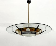 Stilnovo Mid-Century Chandelier in glass and brass, Italy, 1950s