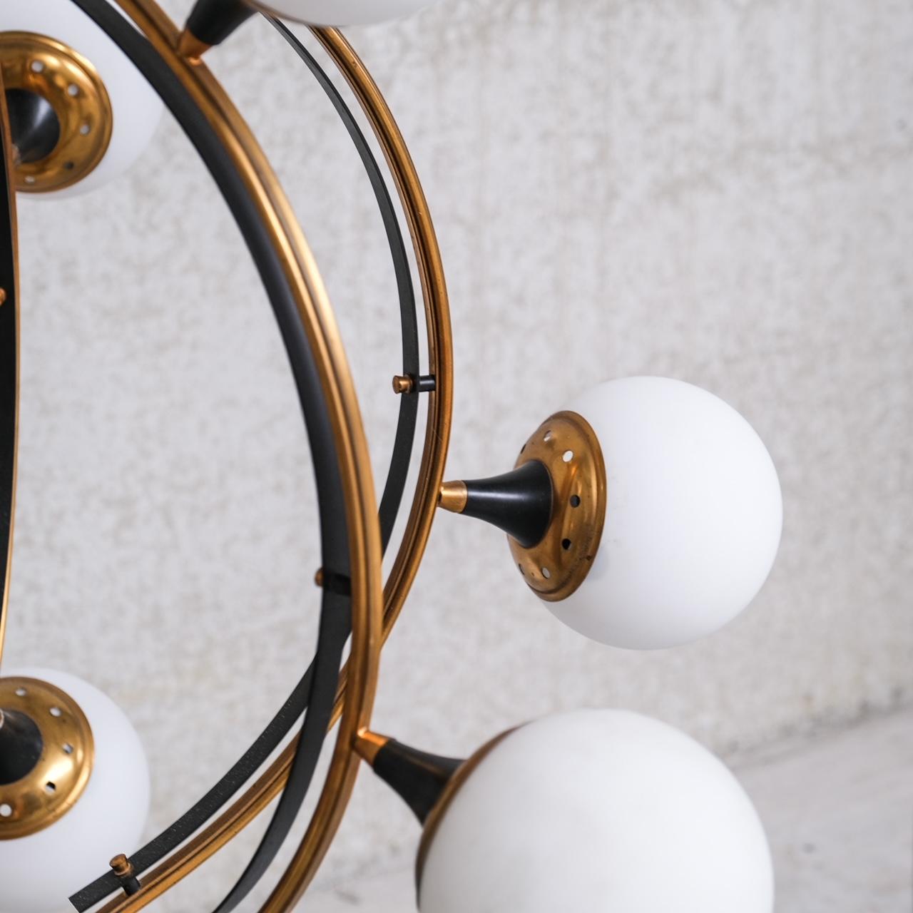 Stilnovo Mid-Century Italian Brass and Opaline Globe Chandelier  For Sale 1