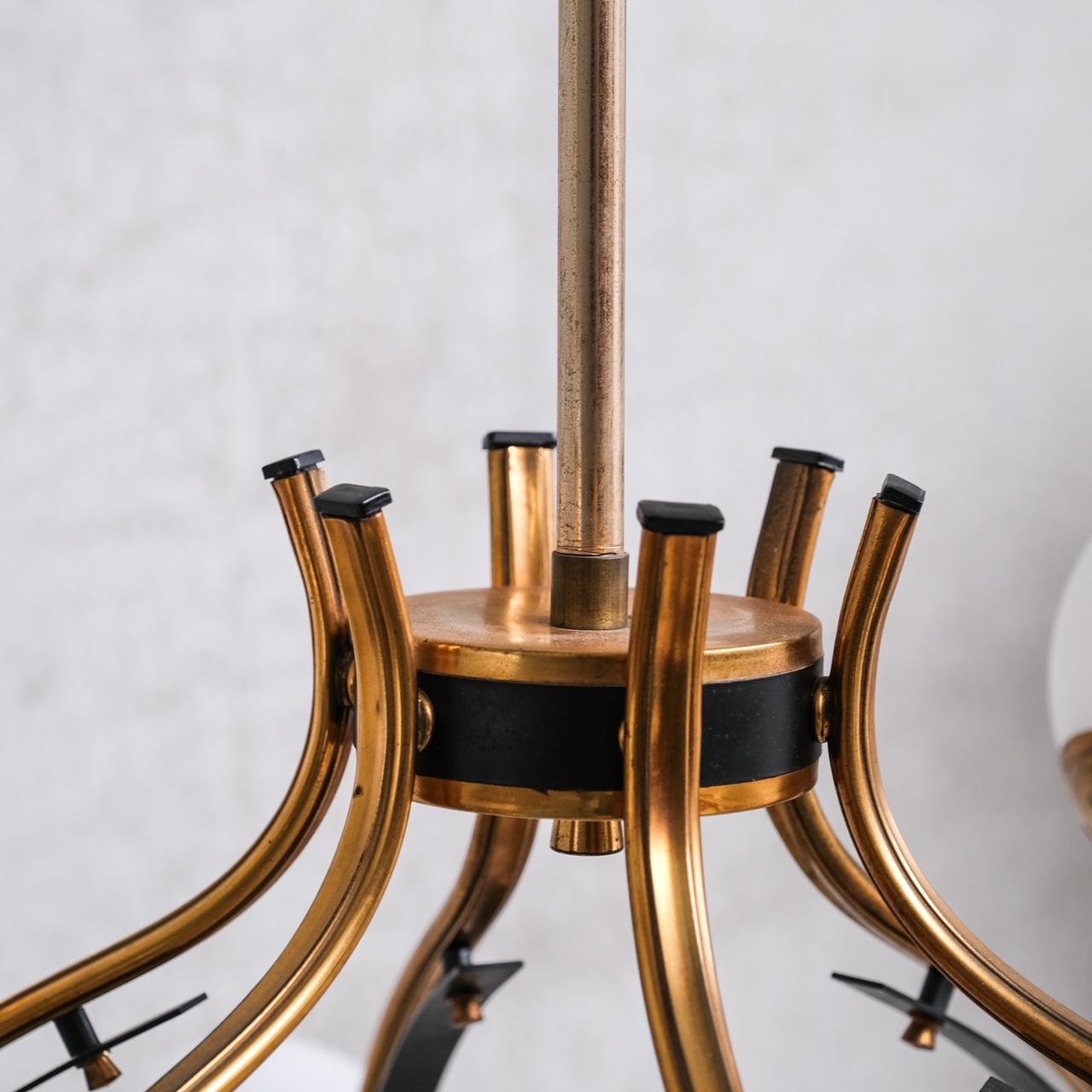 Stilnovo Mid-Century Italian Brass and Opaline Globe Chandelier  For Sale 3