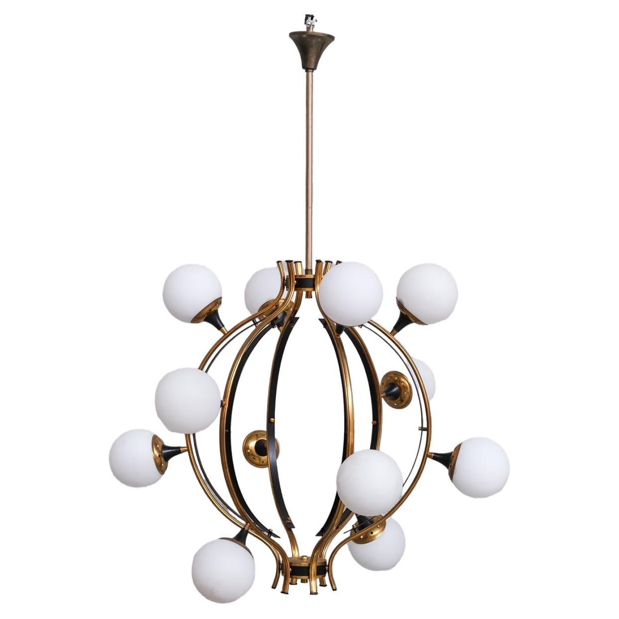 Stilnovo Mid-Century Italian Brass and Opaline Globe Chandelier  For Sale