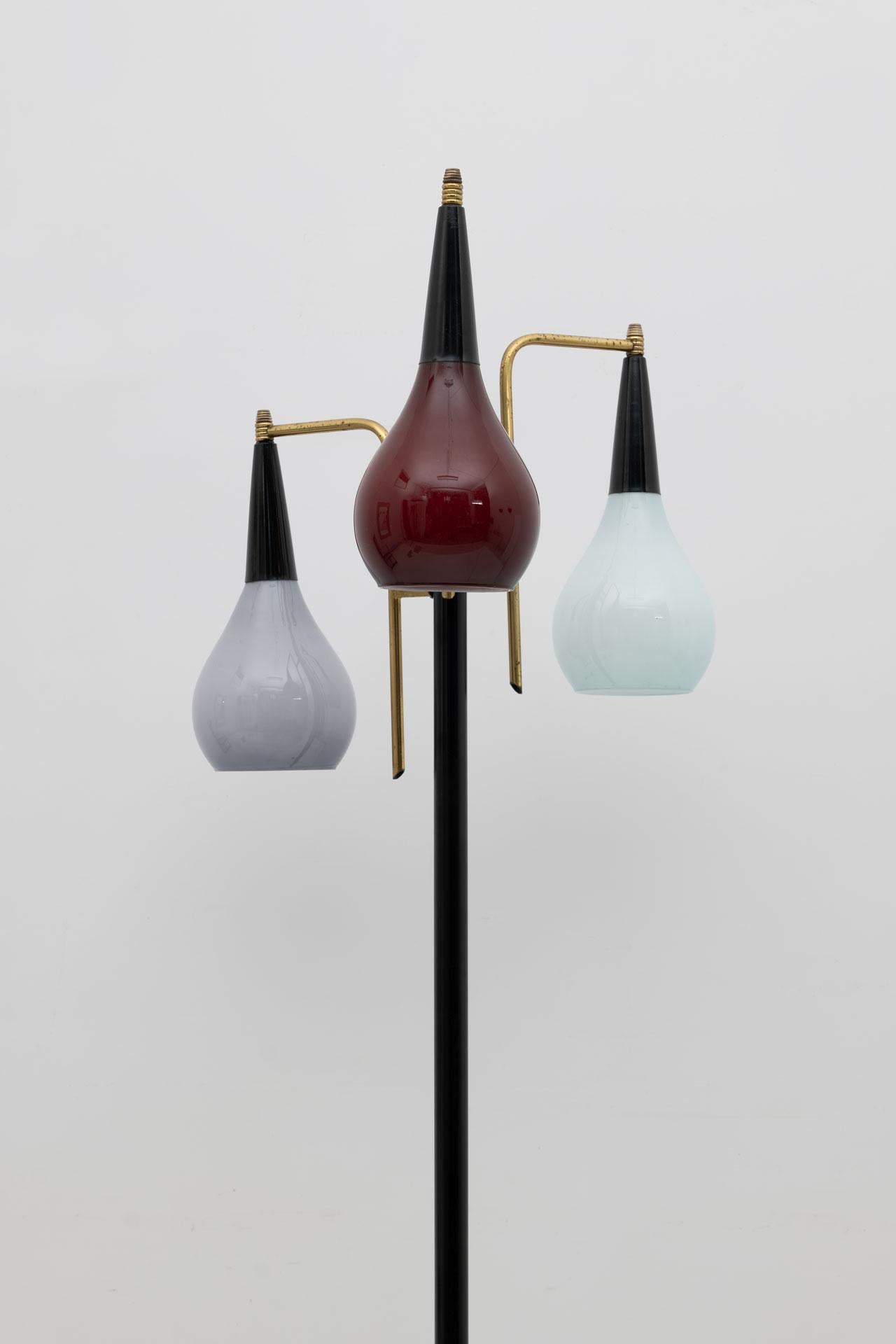 Mid-20th Century Stilnovo Mid Century Modern Italian Brass And Colored Glass Floor Lamp, 1950s For Sale