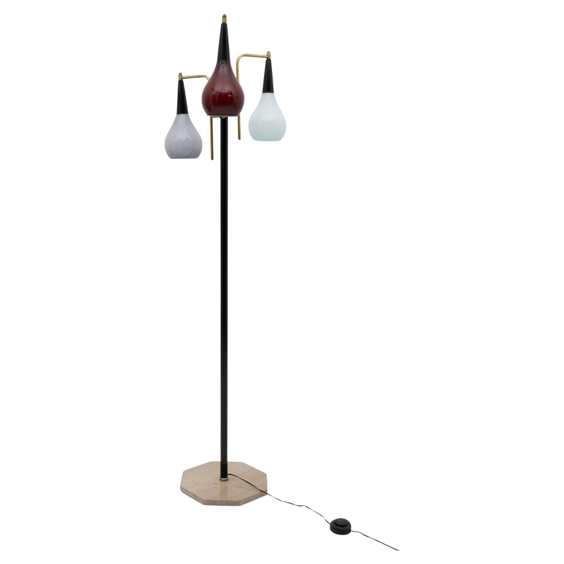 Stilnovo Mid Century Modern Italian Brass And Colored Glass Floor Lamp, 1950s For Sale