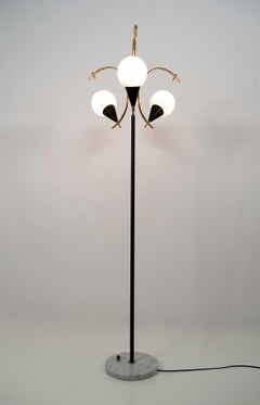 Stilnovo Mid-Century Modern Italian Brass and Opaline Glass Floor Lamp, 1950s