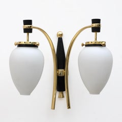 Stilnovo Mid-Century Modern Italian Brass and Murano Glass Sconces, 1950s, Pair