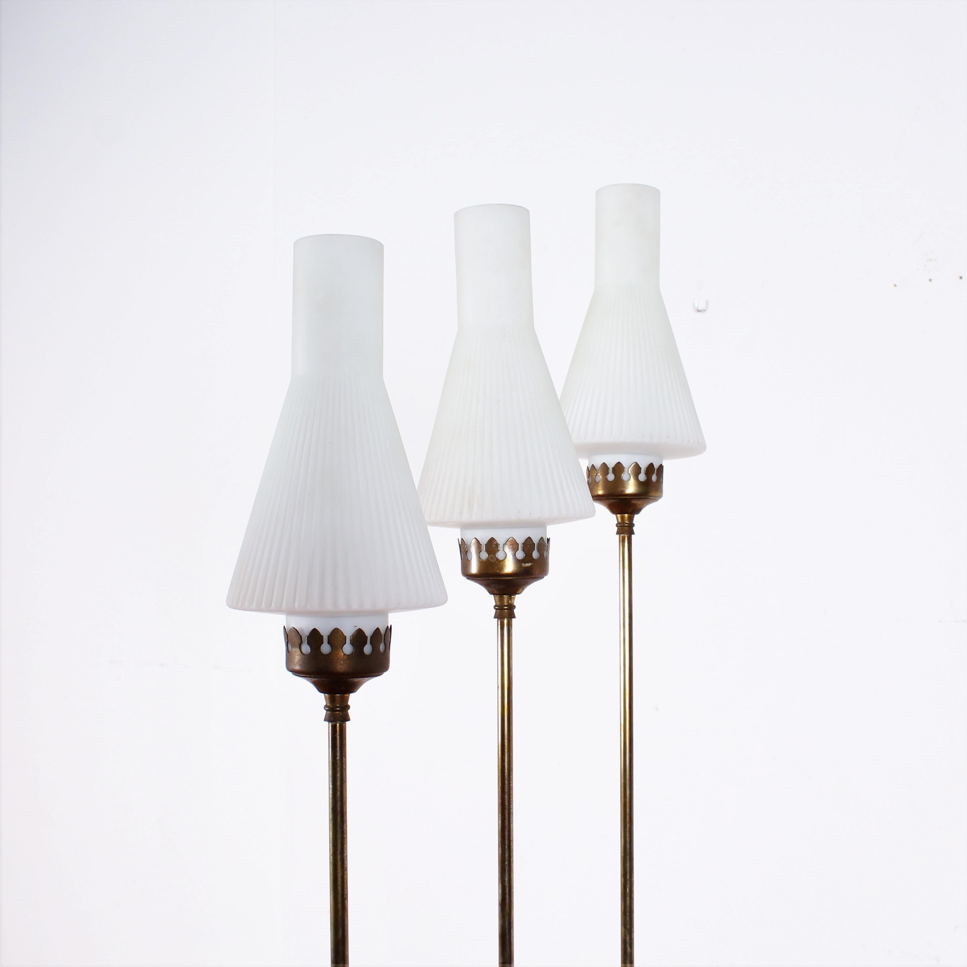 Italian Stilnovo Midcentury White Opaline Glass and Brass Floor Lamp, 1960s, Italy