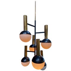 Stilnovo Midcentury Brass 5 Opaline Glass Chandelier, Italy, circa 1955