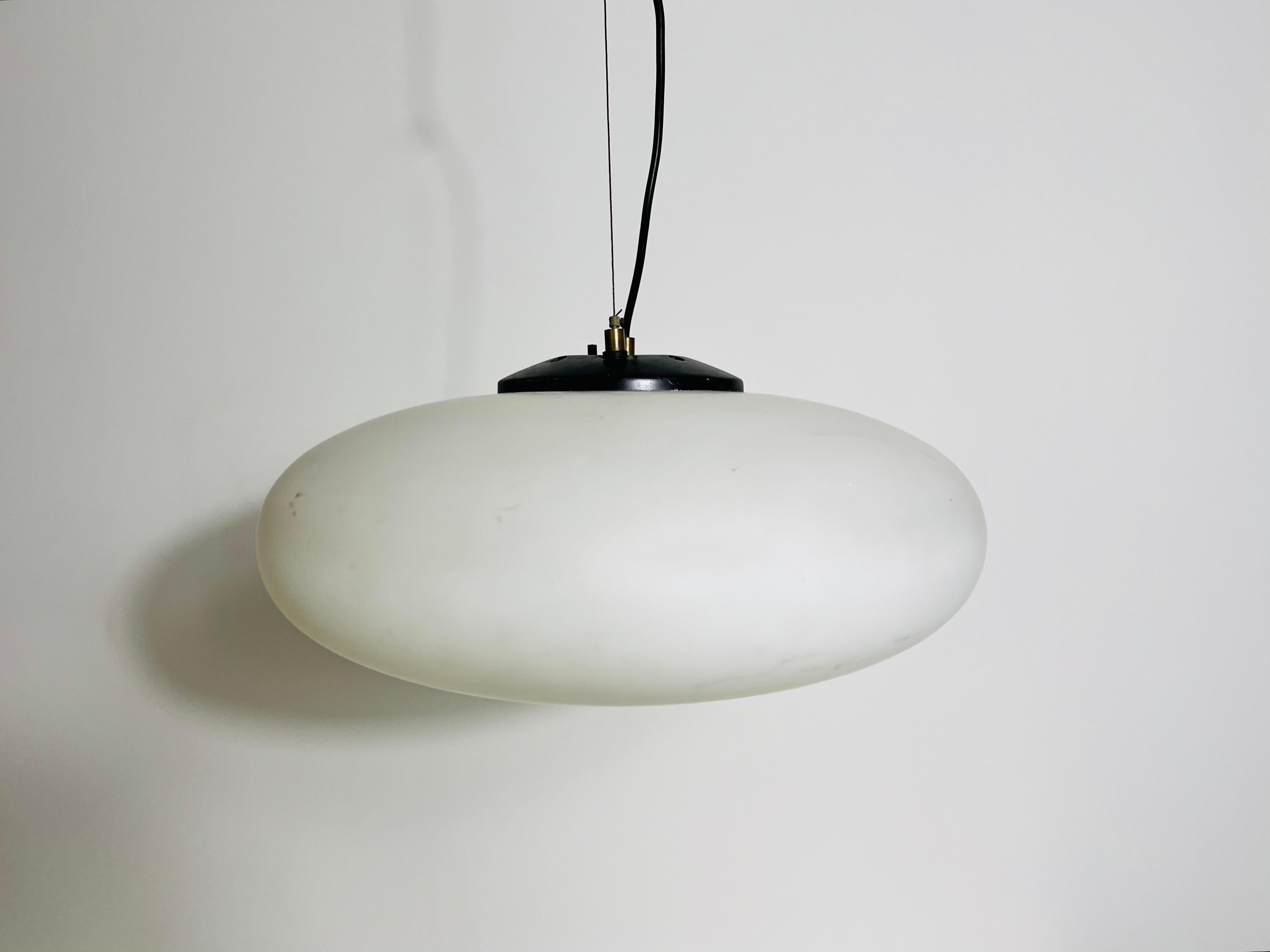 Italian Stilnovo Midcentury Brass and Glass Chandelier, 1950s, Italy For Sale
