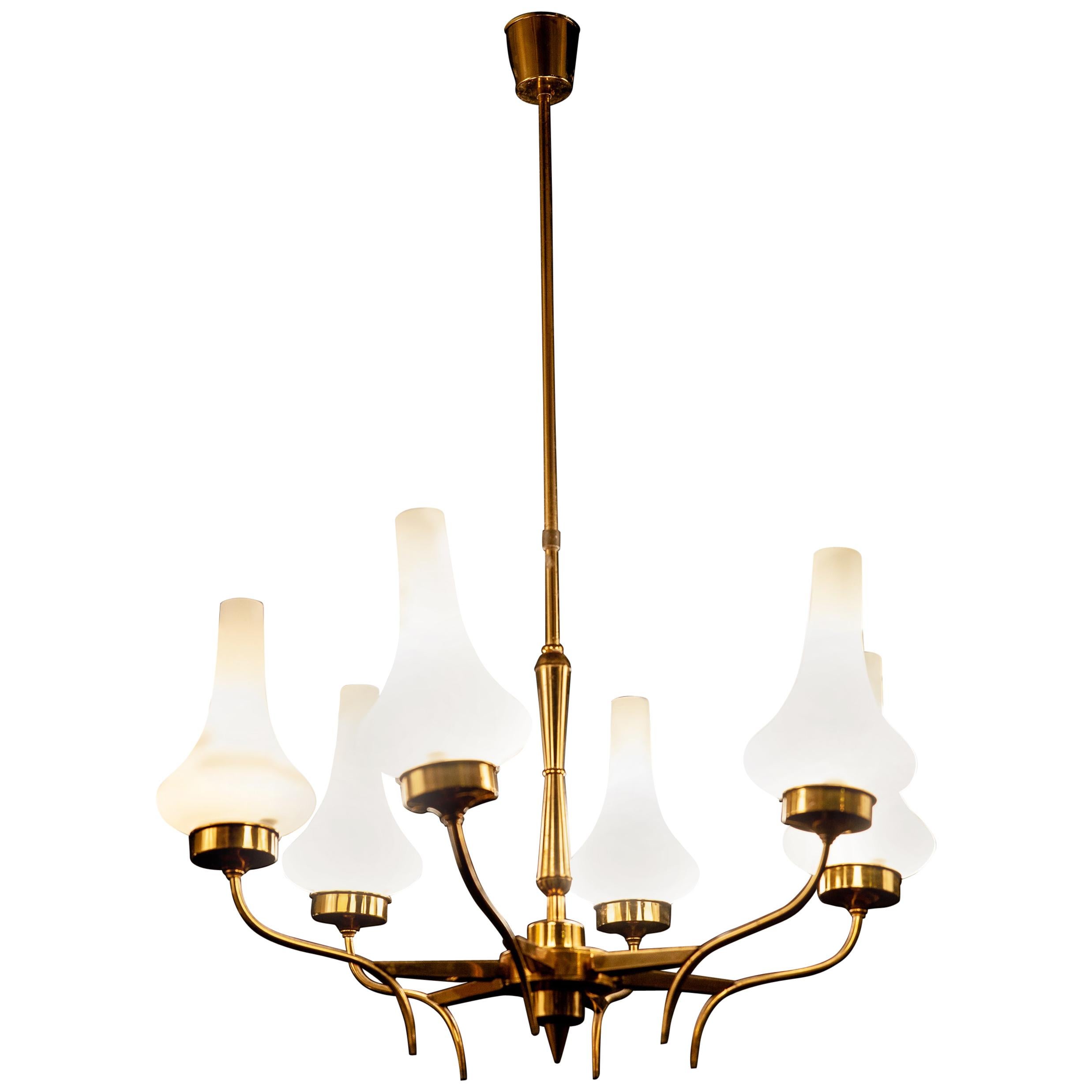 Arredoluce Attributed Midcentury Brass and Murano Glass Chandelier, Italy, 1958 For Sale