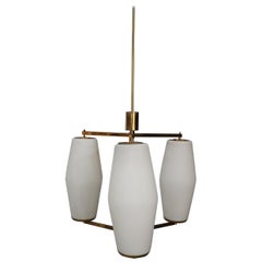 Stilnovo Midcentury Chandelier in Brass and Opaline Glass in Perfect Condition