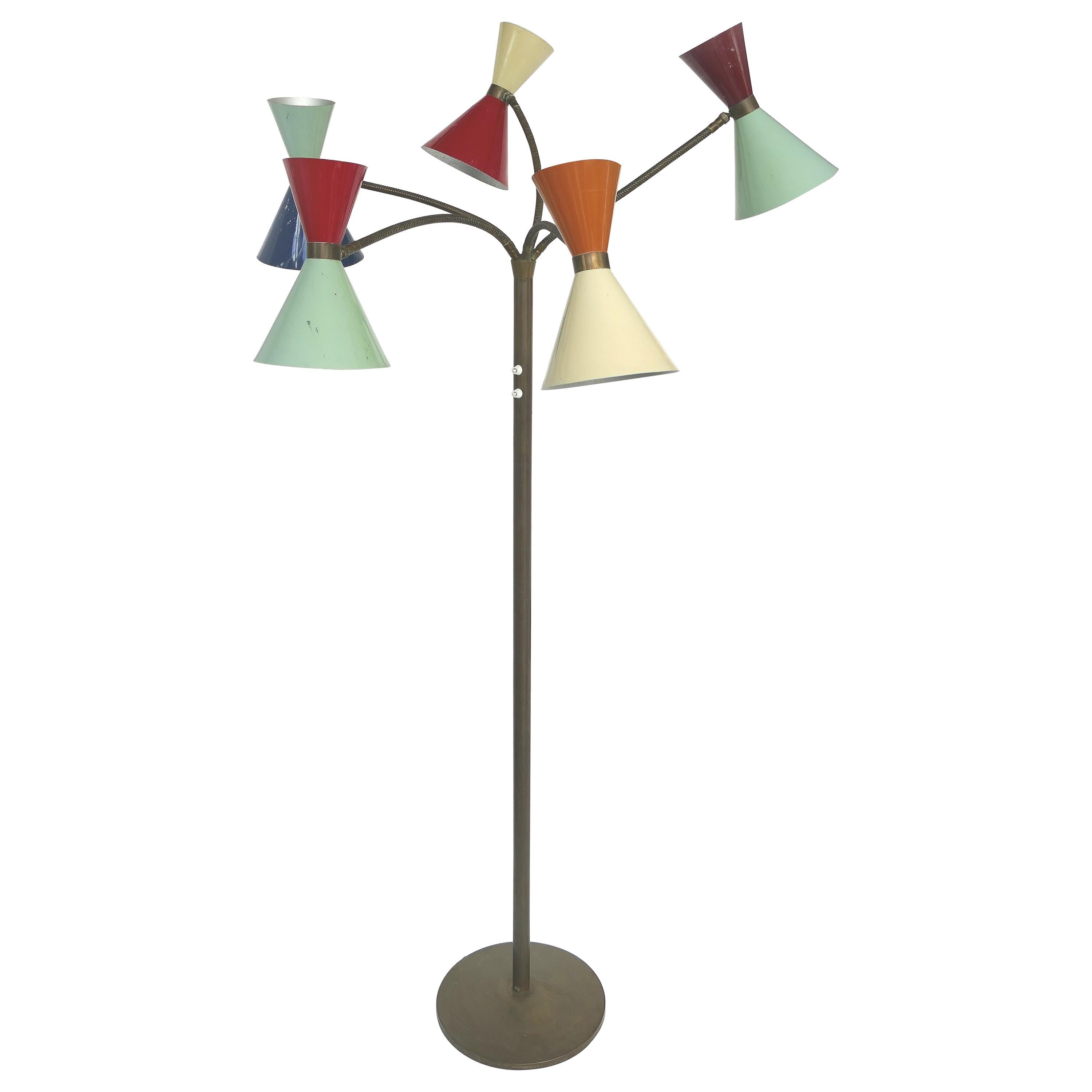 Stilnovo Midcentury Five-Arm Floor Lamp with Gooseneck Arms & Original Paint