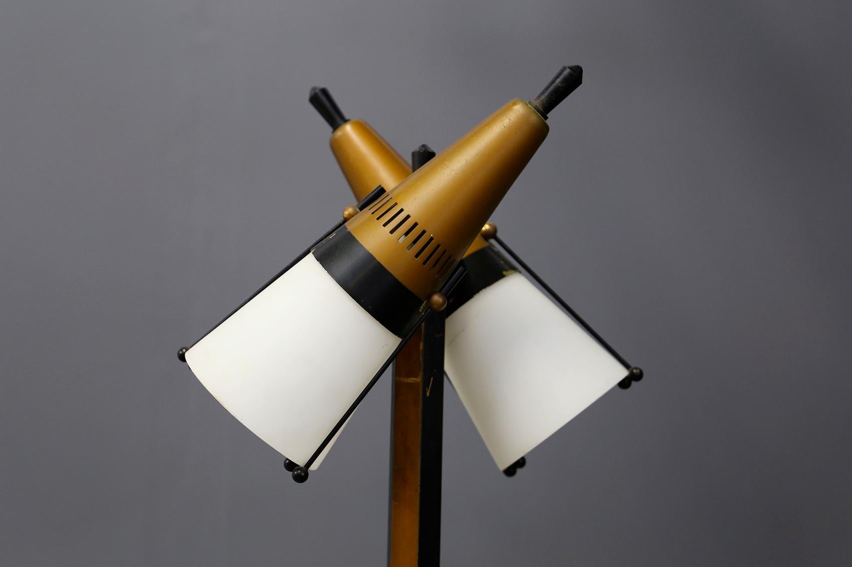 Floor lamp manufactured by Chiarini in 1950. The lamp has a white marble base of circular shape. Above it we notice the brass button for its ignition. The stem is made of brass and aluminium painted black. The peculiarity of the lamp is its light