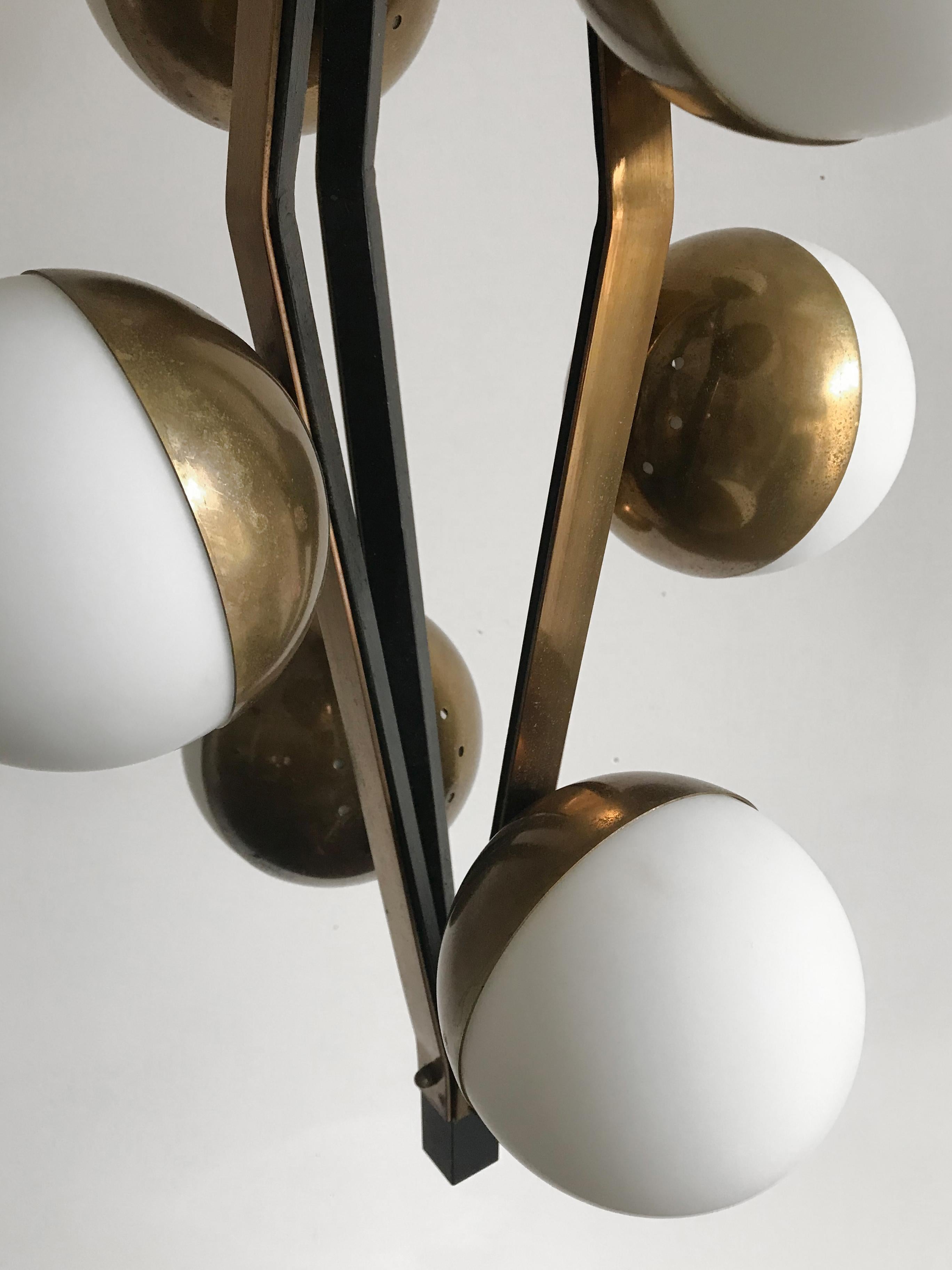 Stilnovo Midcentury Modern Design Italian Brass Glass Pendant Lamp, 1950s 7