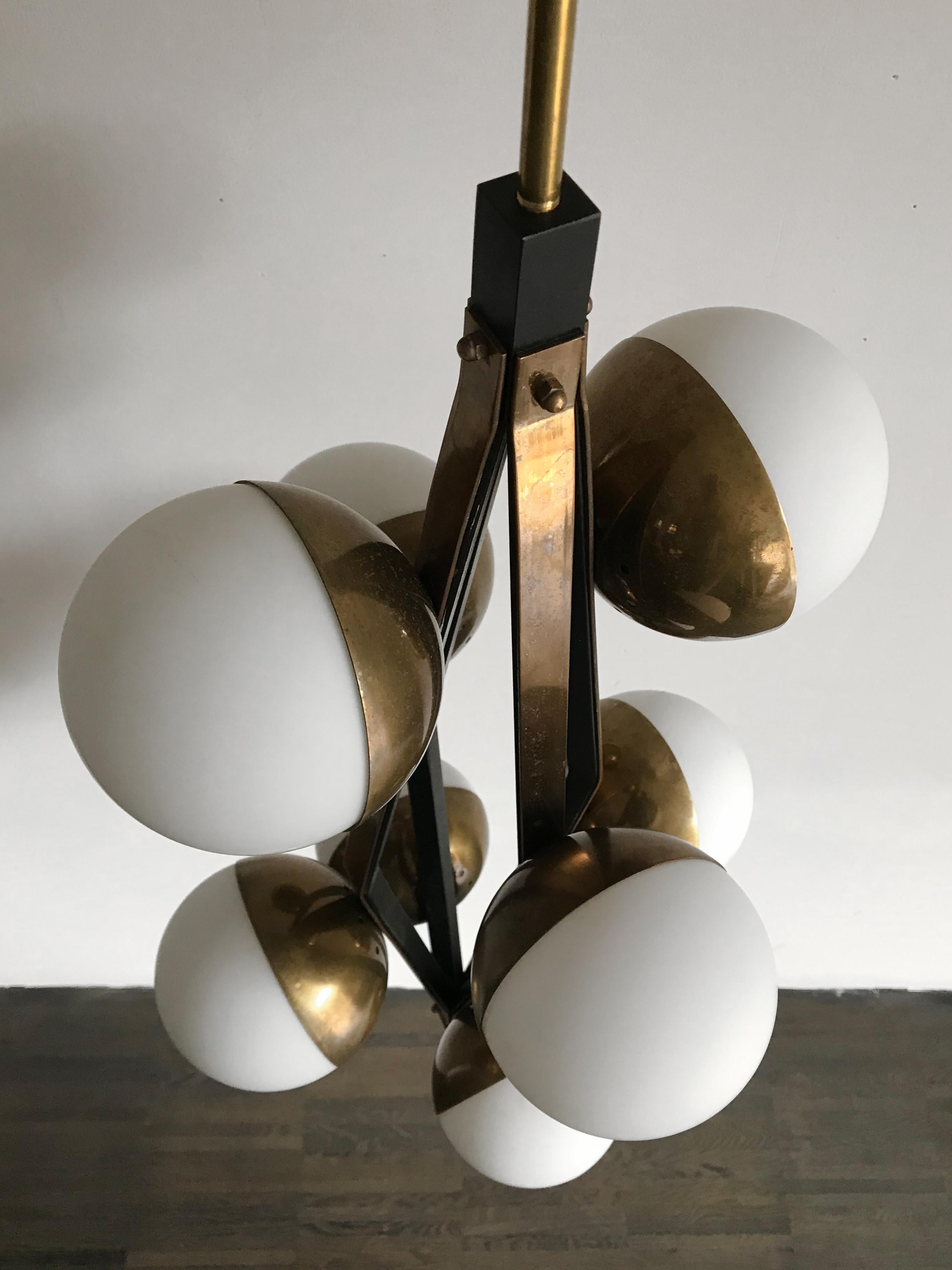 Stilnovo Midcentury Modern Design Italian Brass Glass Pendant Lamp, 1950s 9