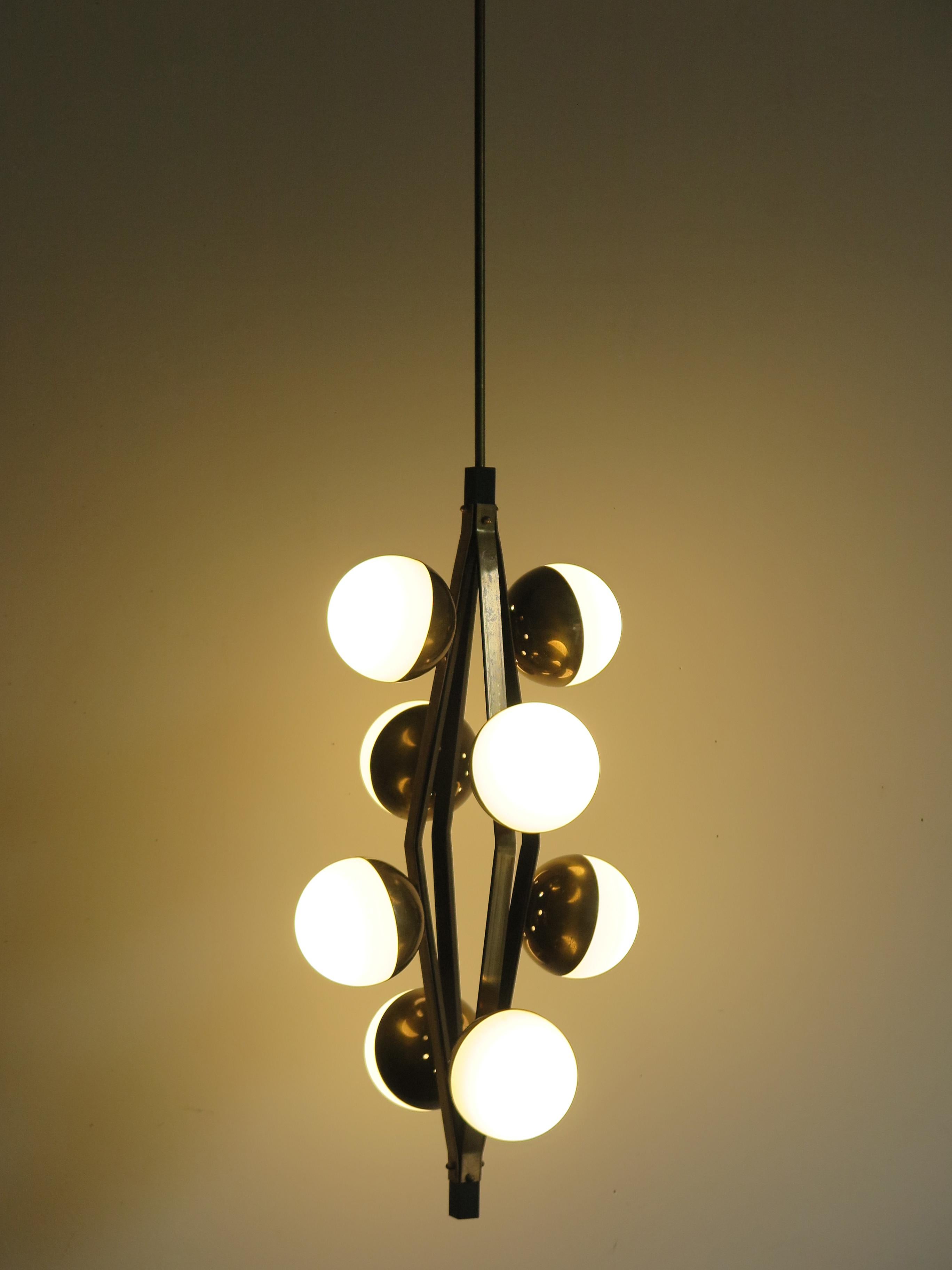 Mid-Century Modern Stilnovo Midcentury Modern Design Italian Brass Glass Pendant Lamp, 1950s