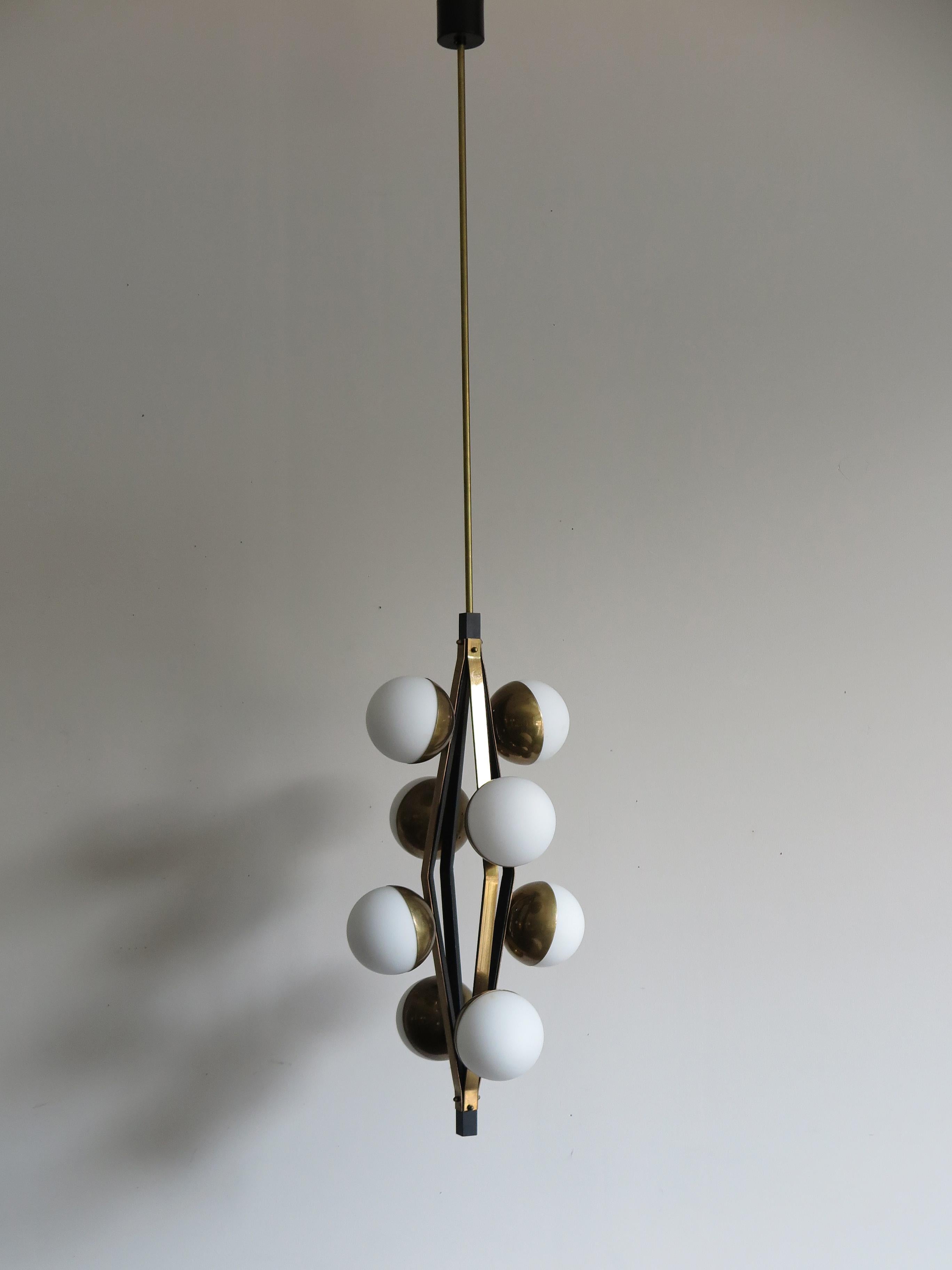 Mid-20th Century Stilnovo Midcentury Modern Design Italian Brass Glass Pendant Lamp, 1950s