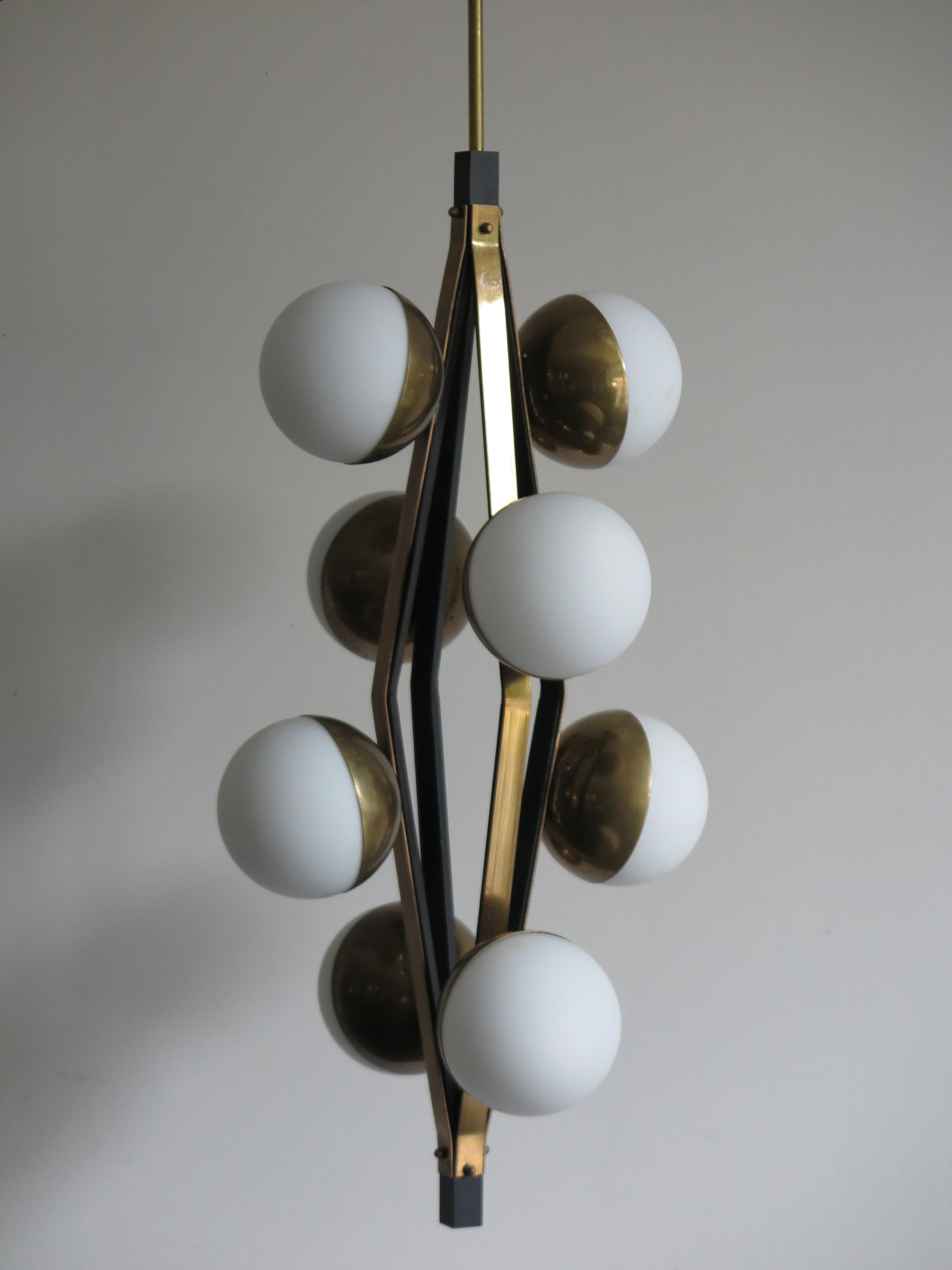 Stilnovo Midcentury Modern Design Italian Brass Glass Pendant Lamp, 1950s 1