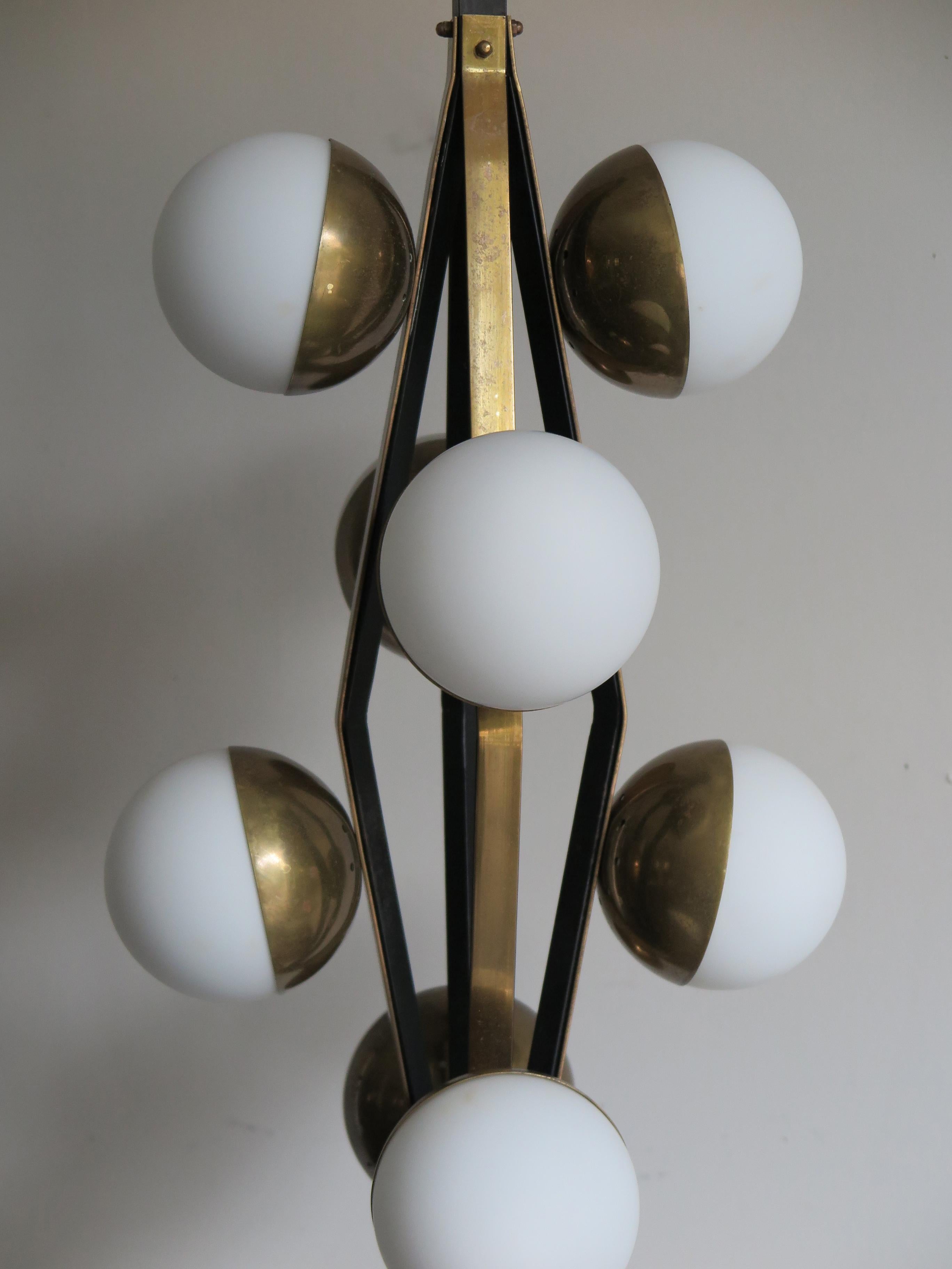 Stilnovo Midcentury Modern Design Italian Brass Glass Pendant Lamp, 1950s 2