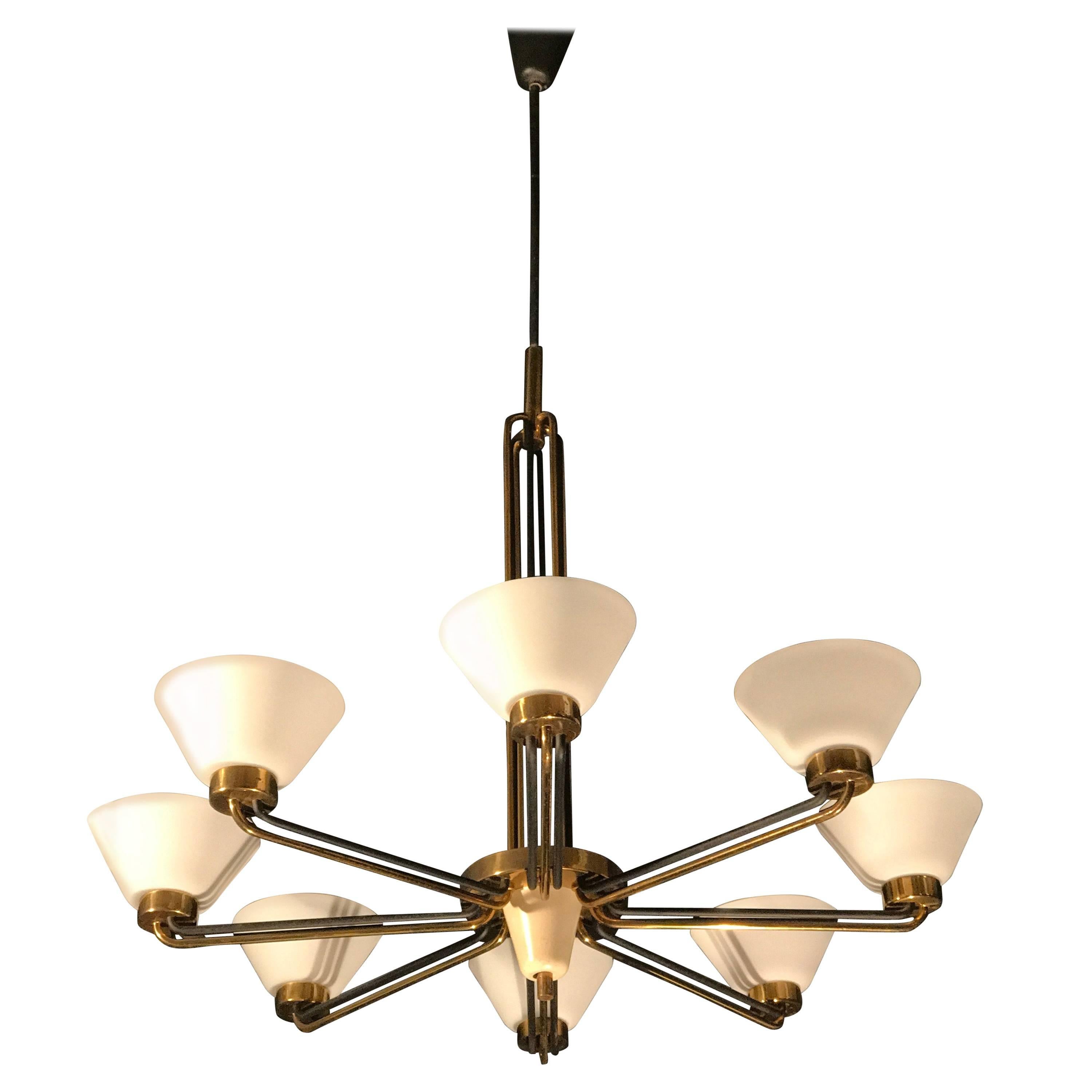 Chandelier by Stilnovo in metal, brass & glass, 1950s | #65841 Chandelier by Stilnovo in metal, brass & glass, 1950s | #65841