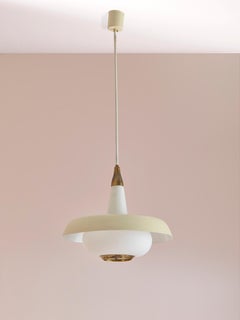 Stilnovo Midcentury Pendant Light Made of Opal Glass, Brass & Metal, Italy 1950s
